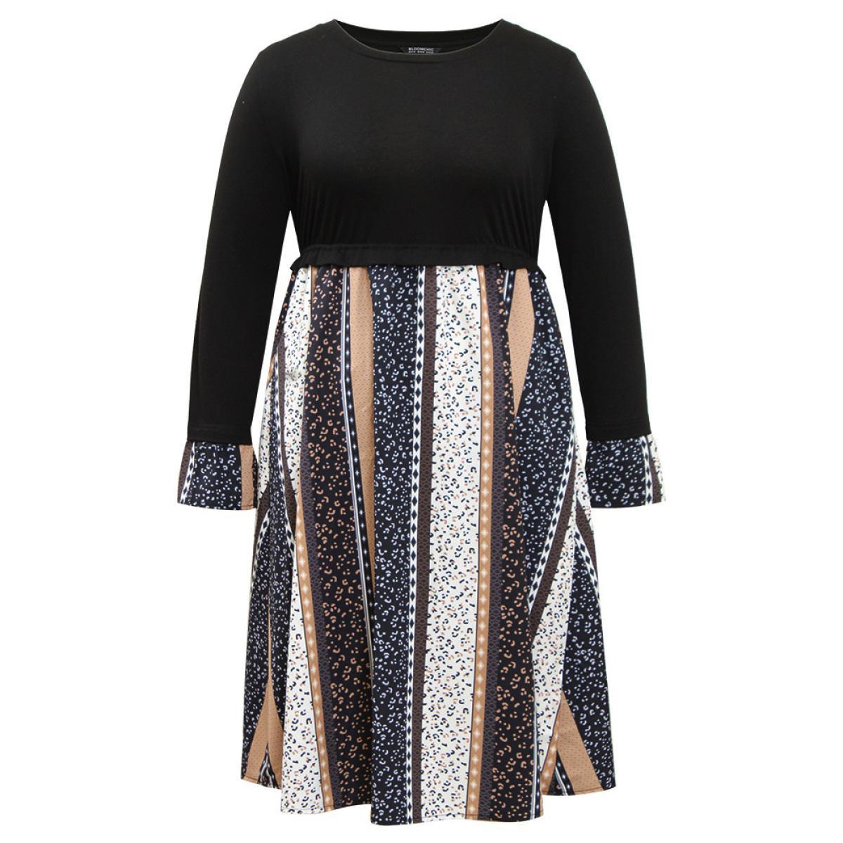 Plus Size Geometric Colorblock Patchwork Midi Dress Black Women Elegant Printed Round Neck Long Sleeve Curvy Midi Dress BloomChic 14-16/1X Product Image