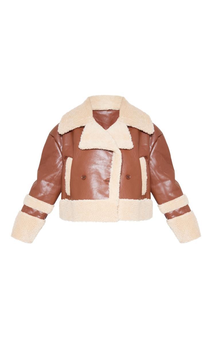 Plus Brown Battered Faux Leather Faux Fur Trim Coat Product Image