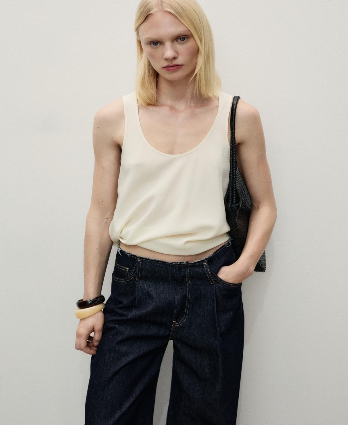 Wide-leg denim pants with frayed waist - Women | MANGO USA Product Image