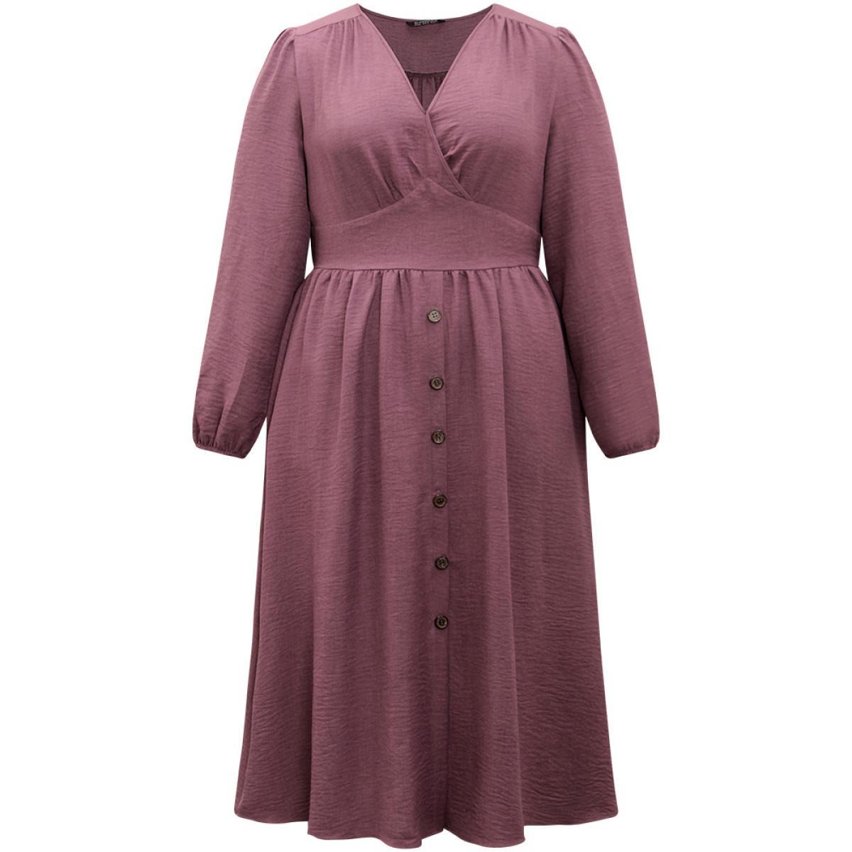 Plus Size Twill Gathered Button Detail Lantern Sleeve Dress DustyPink Women Casual Elastic cuffs V-neck Long Sleeve Curvy Midi Dress BloomChic 22-24/3X Product Image
