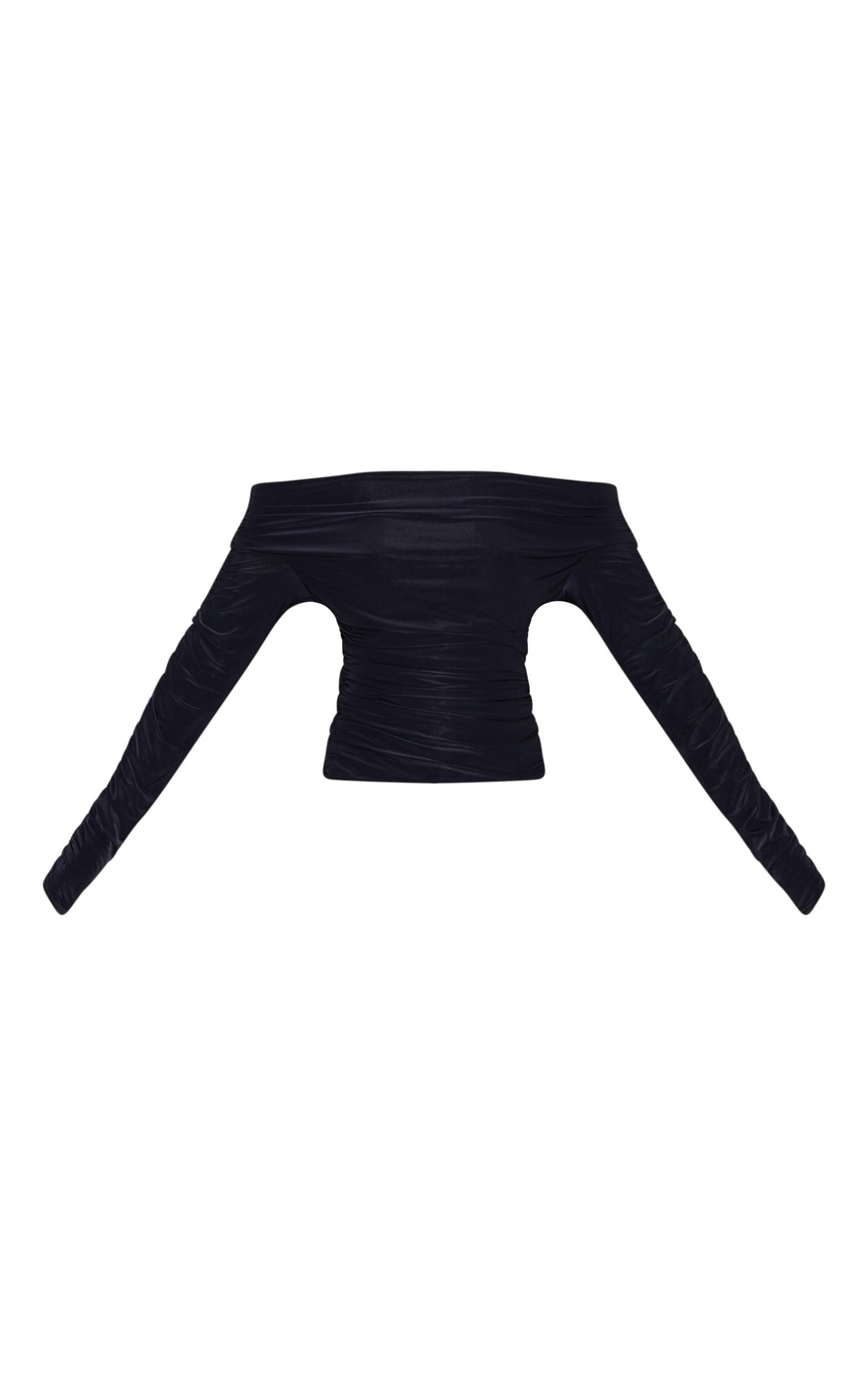 Black Double Layer Slinky Ruched Detail Bardot Long Sleeve Top Product Image