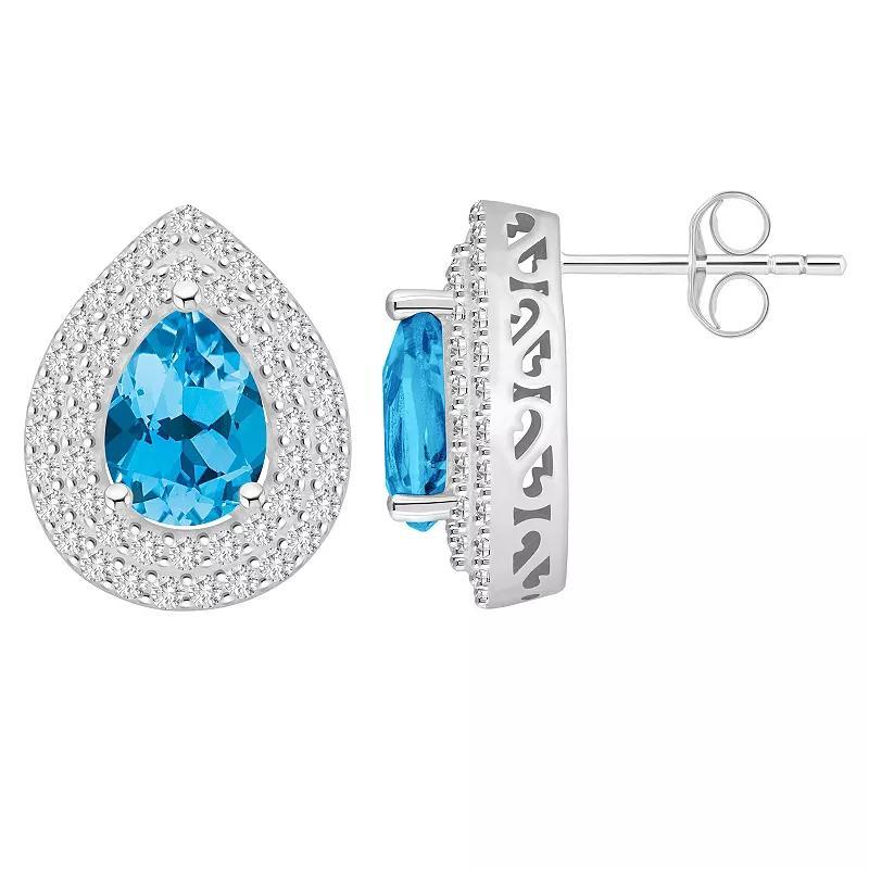 Celebration Gems Sterling Silver Teardrop Swiss Blue Topaz & White Topaz Double Halo Stud Earrings, Women's Product Image