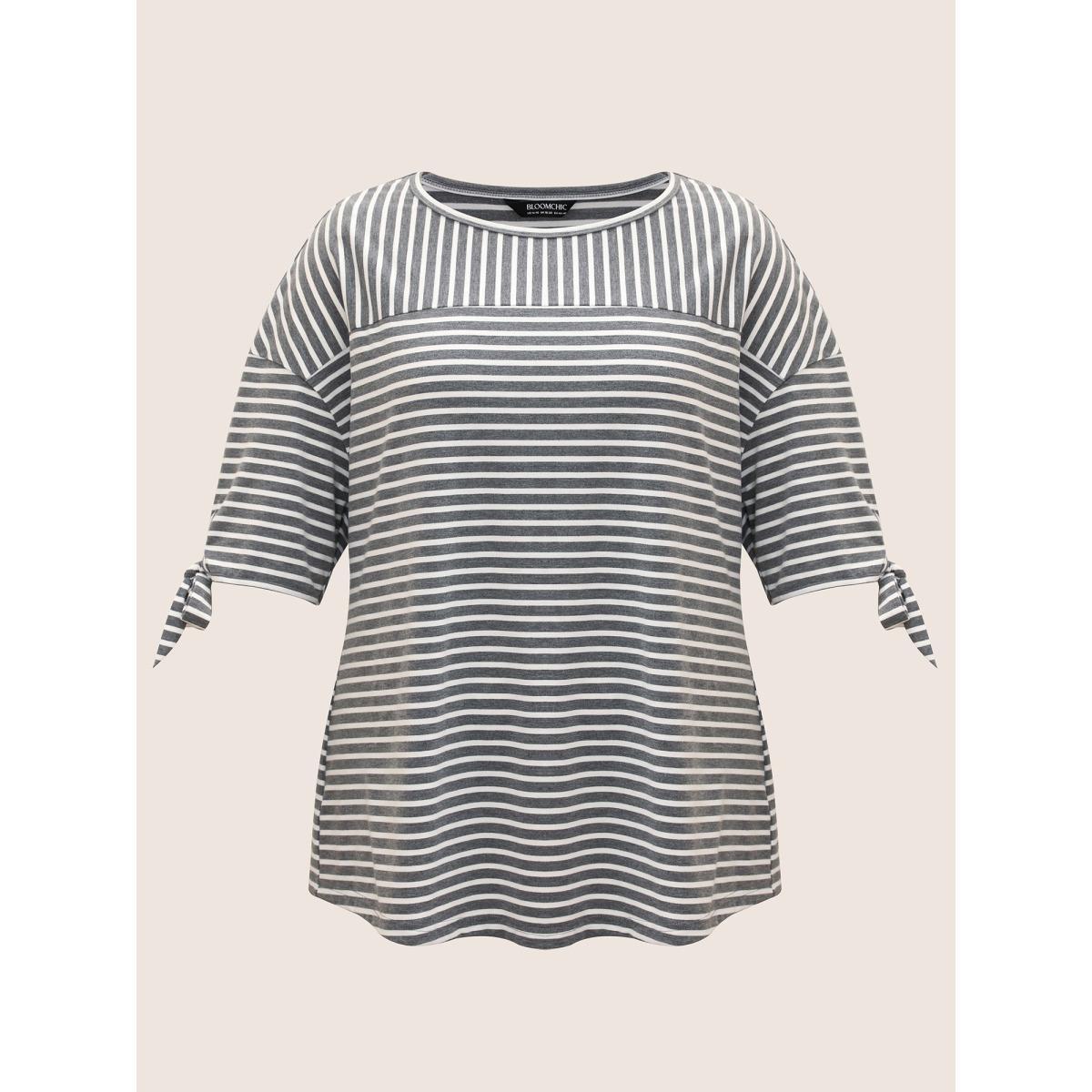 Plus Size Striped Boat Neck Tie Knot T-shirt DimGray Women Casual Tie knot Boat Neck Everyday T-shirts BloomChic 28/5X Product Image