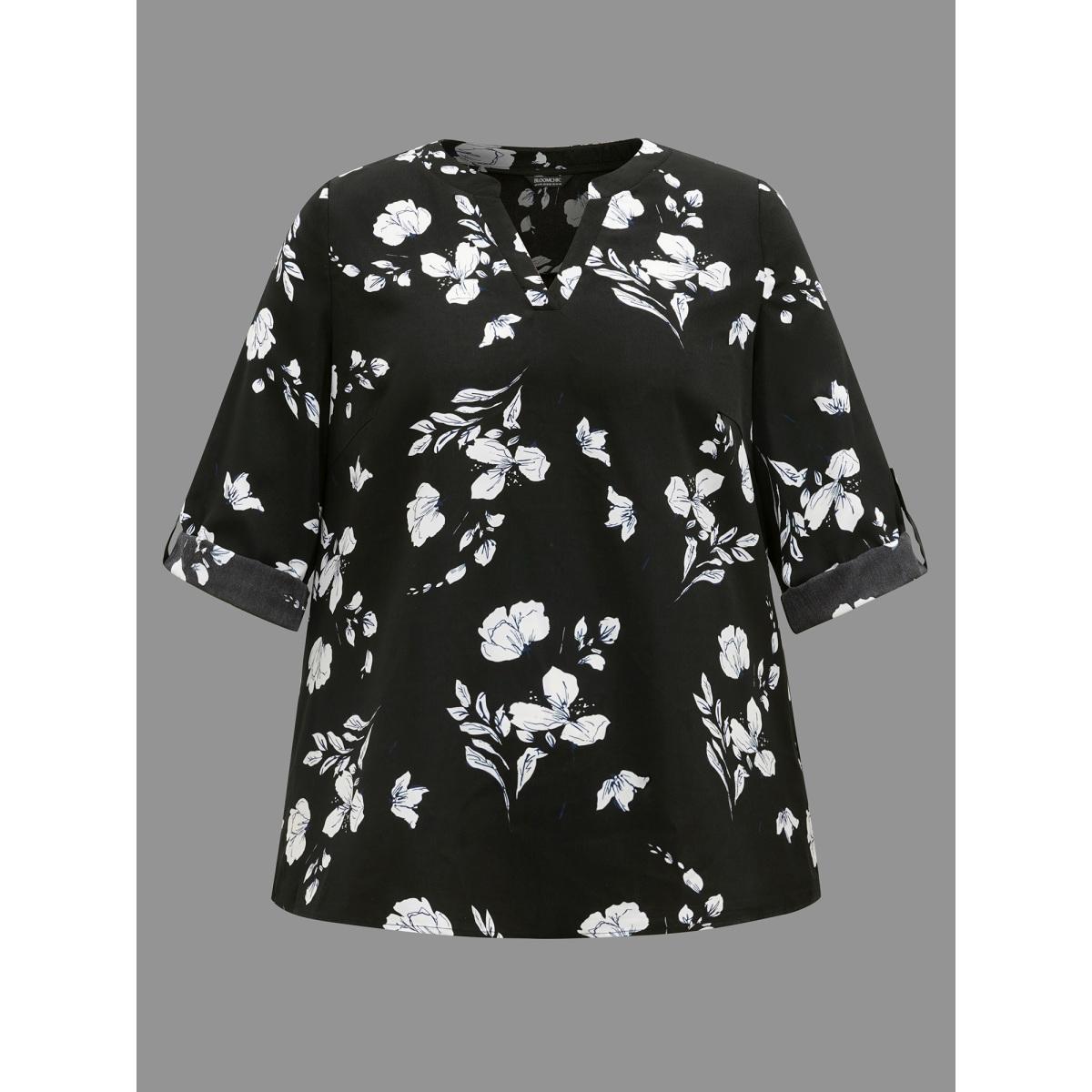 Plus Size Black Silhouette Floral Print Tab Sleeve Slit Hem Blouse Women Elegant Elbow-length sleeve Notched collar Everyday Blouses BloomChic 10/M Product Image