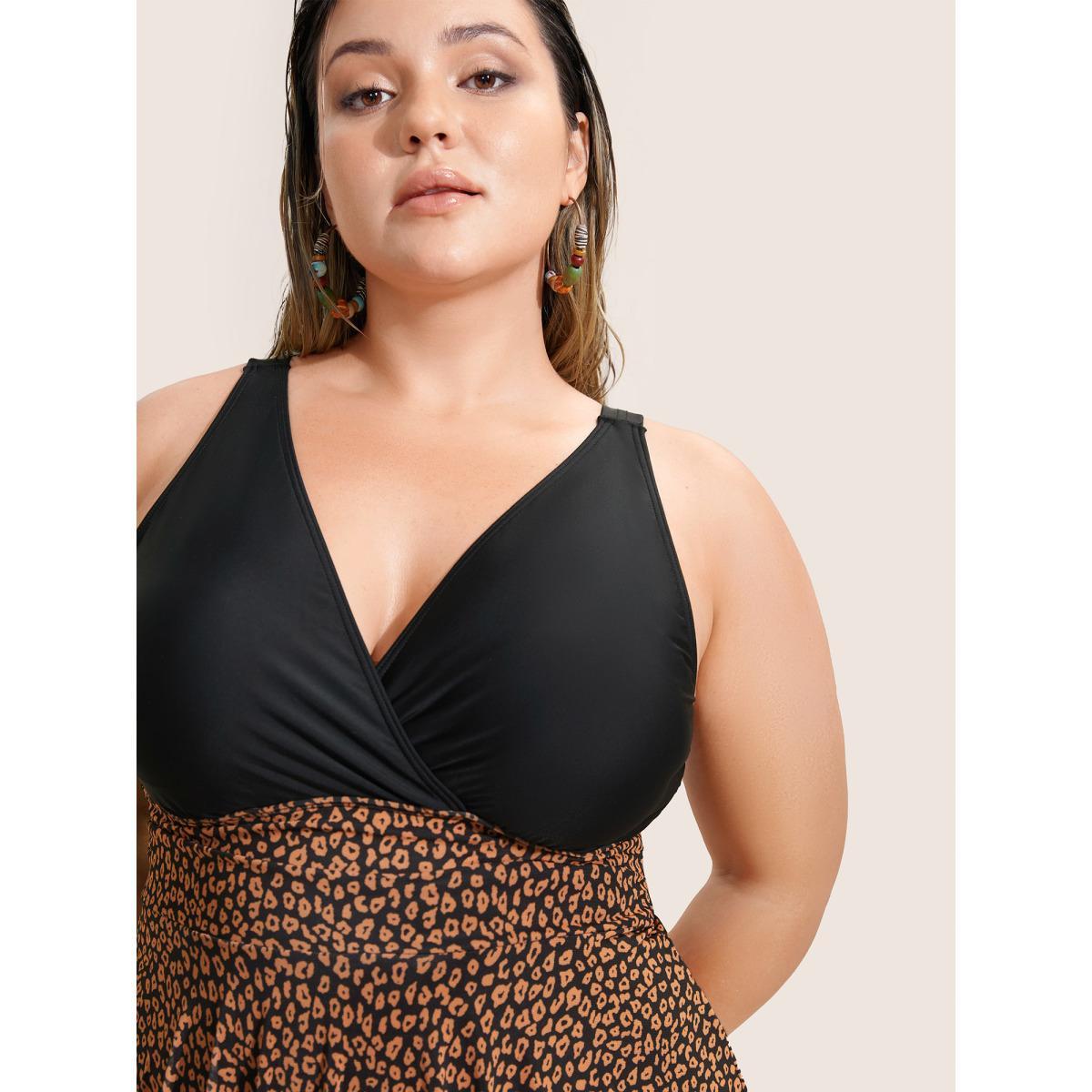 Plus Size V Neck Leopard Print Patchwork Swim Dress Women's Swimwear Black Beach Bodycon Overlap Collar High stretch Curve Swim Dresses BloomChic 12/L Product Image