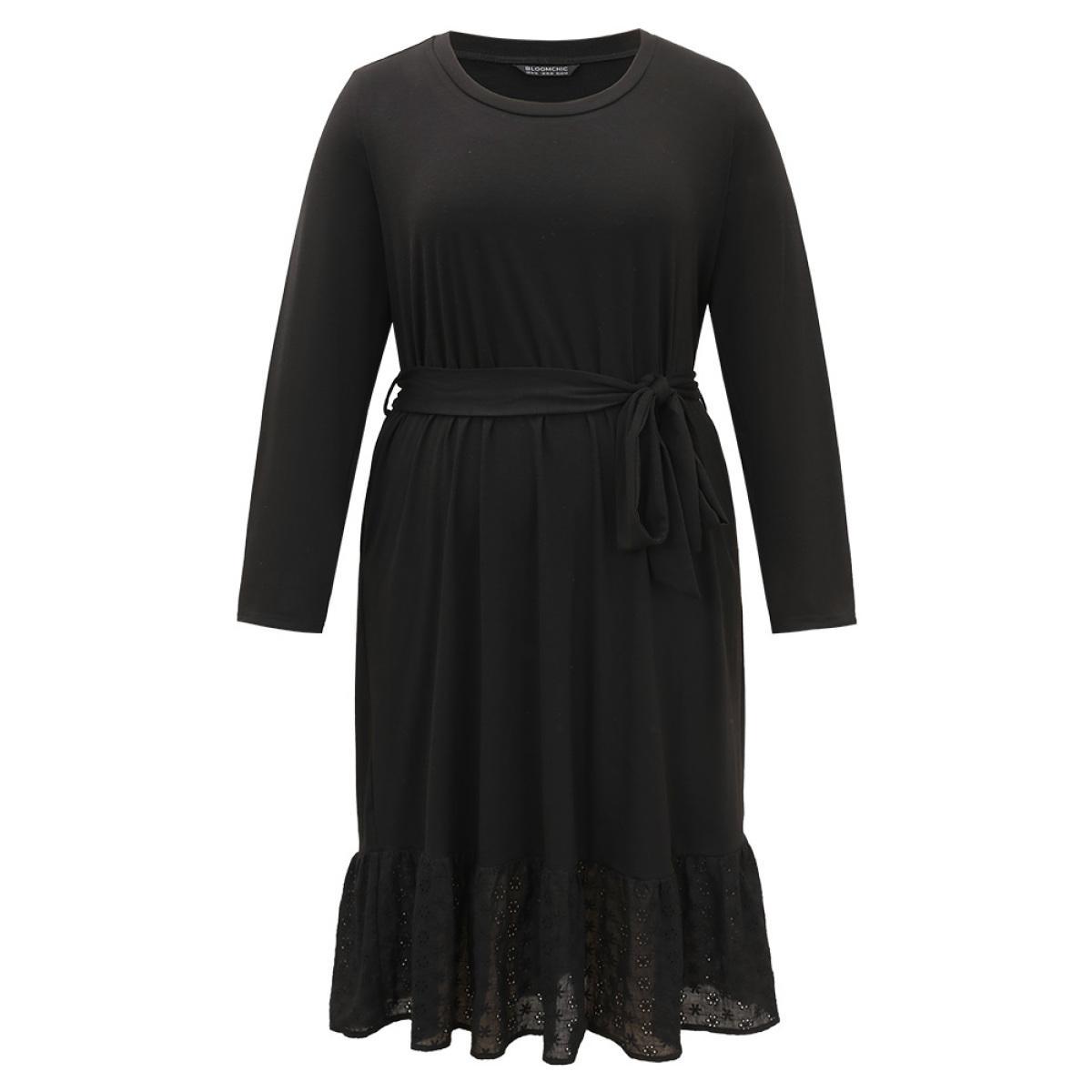 Plus Size Broderie Anglaise Round Neck Belted Flutter Hem Dress Black Women Casual Plain Round Neck Long Sleeve Curvy Midi Dress BloomChic 28/5X Product Image