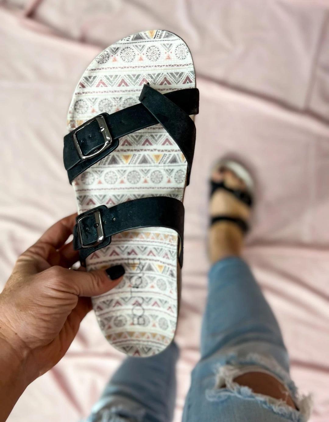 405087   Corky's Black Metallic Tan Lines Sandals Product Image