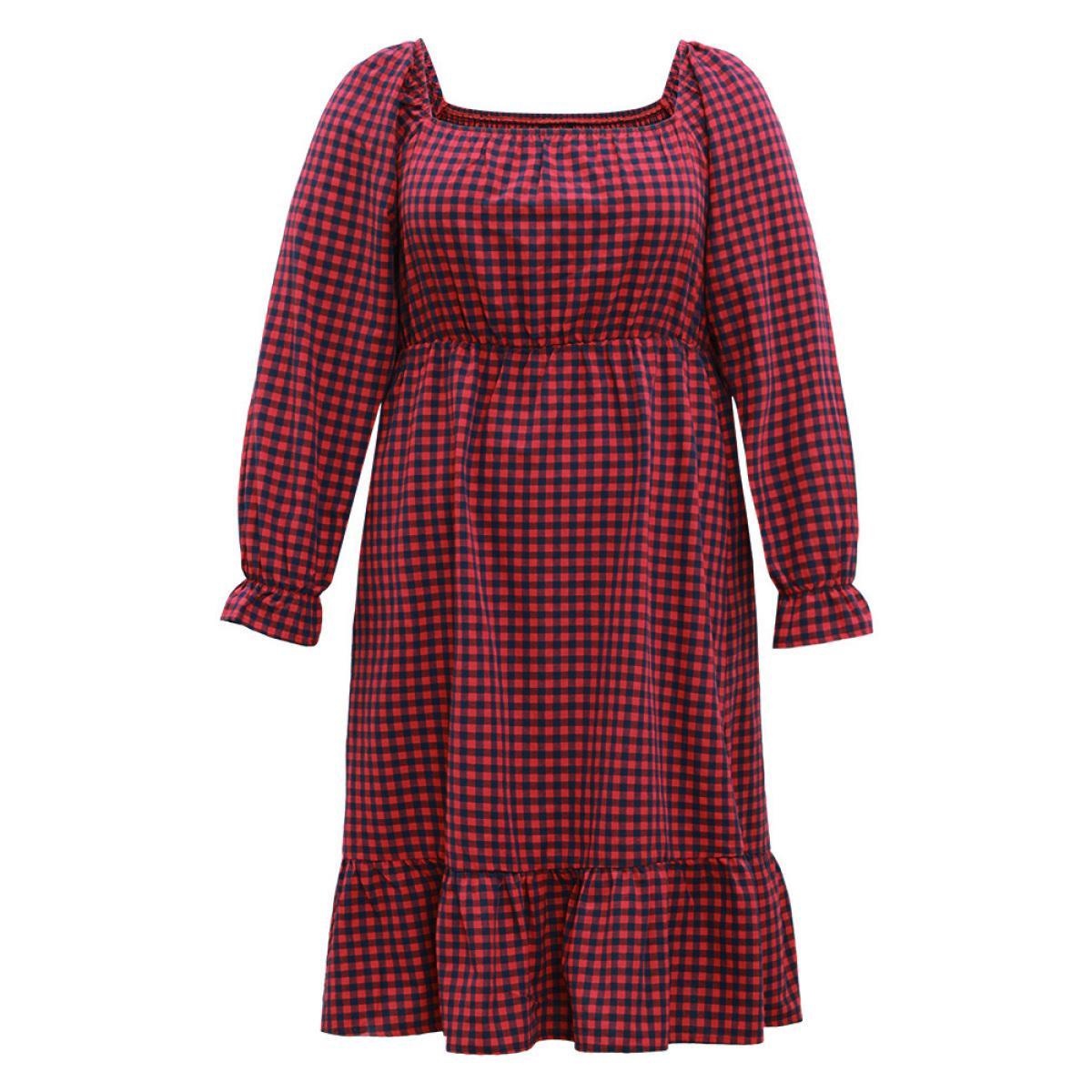 Plus Size Gingham Square Neck Shirred Gathered Ruffles Dress Scarlet Women Casual Gathered Square Neck Long Sleeve Curvy Midi Dress BloomChic 10/M Product Image
