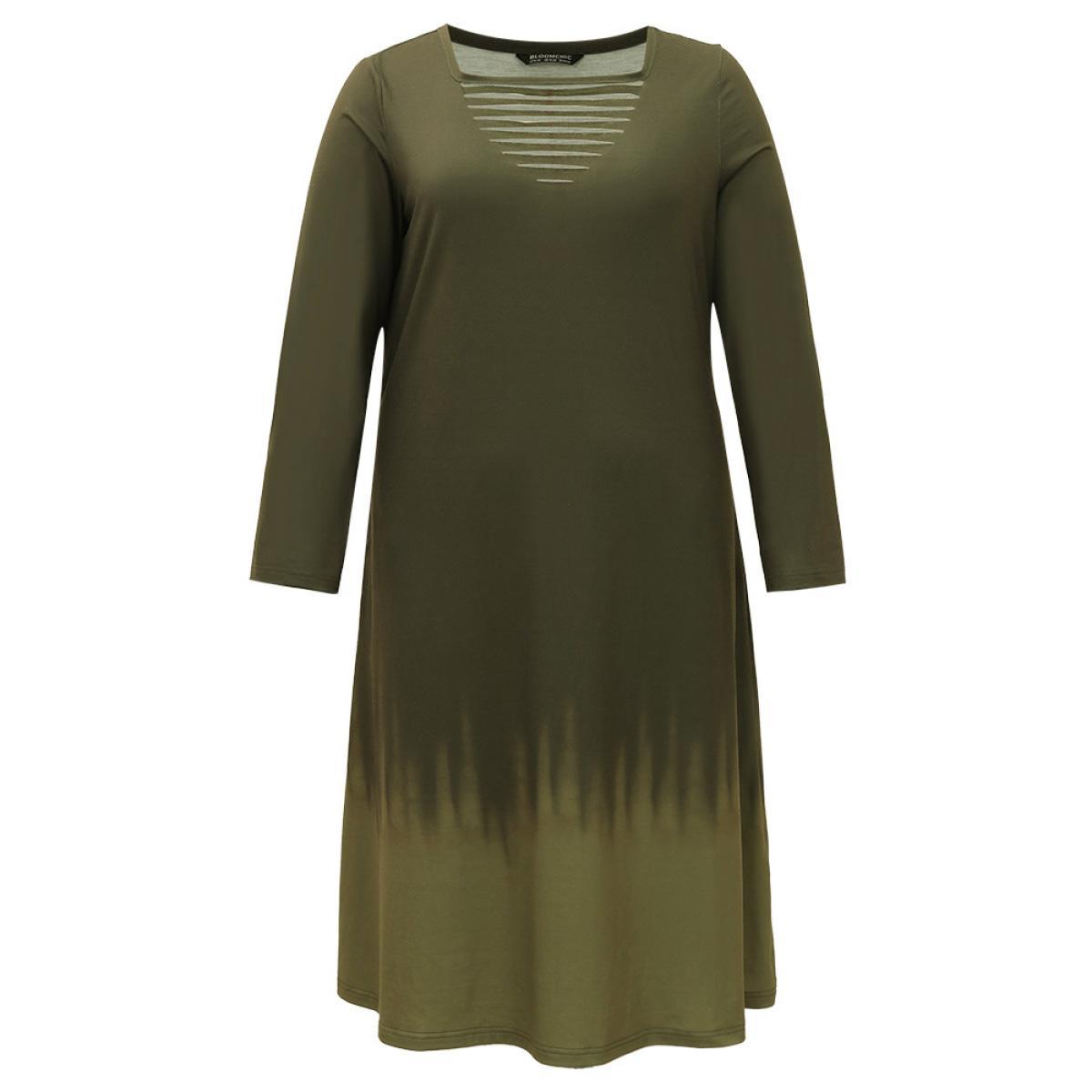 Plus Size Tie Dye Pocket Round Neck Cut Out Dress ArmyGreen Women Casual Tie Dye Round Neck Long Sleeve Curvy Midi Dress BloomChic 18-20/2X Product Image