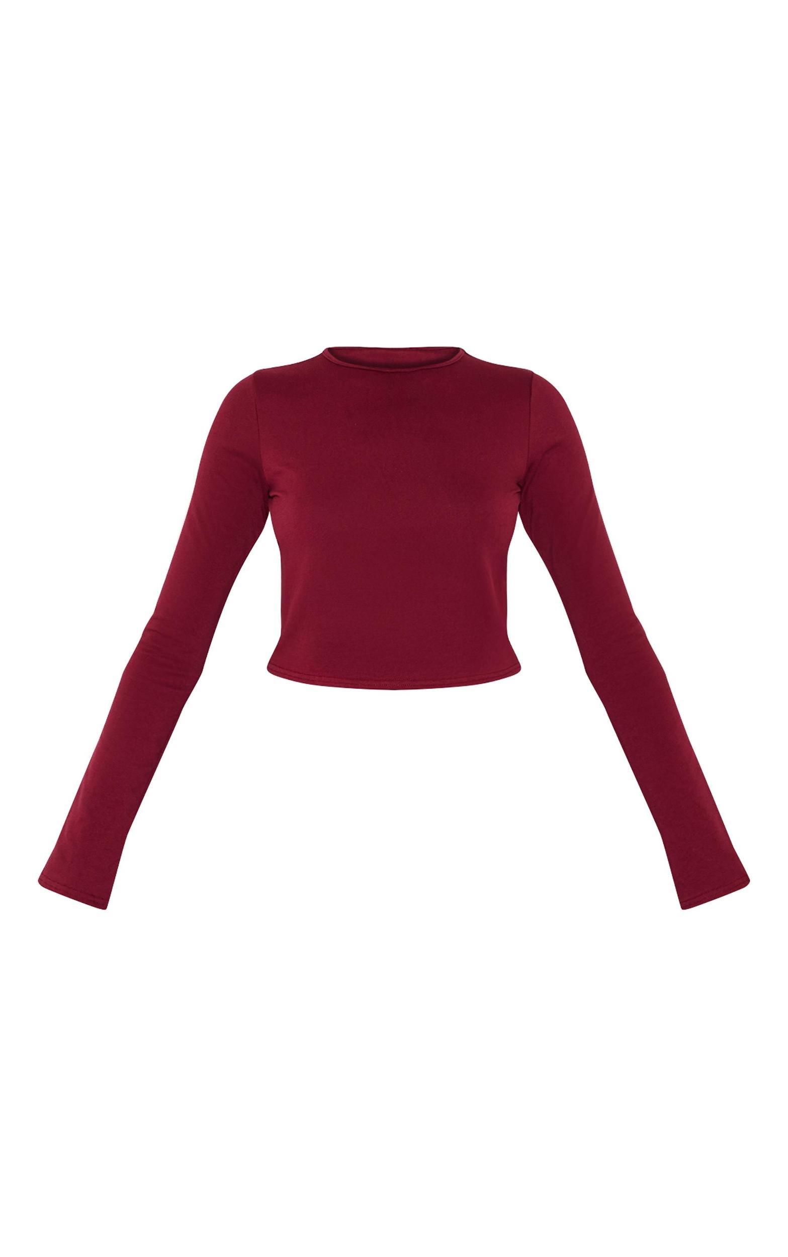 Burgundy Cotton Long Sleeve Crew Neck Top Product Image