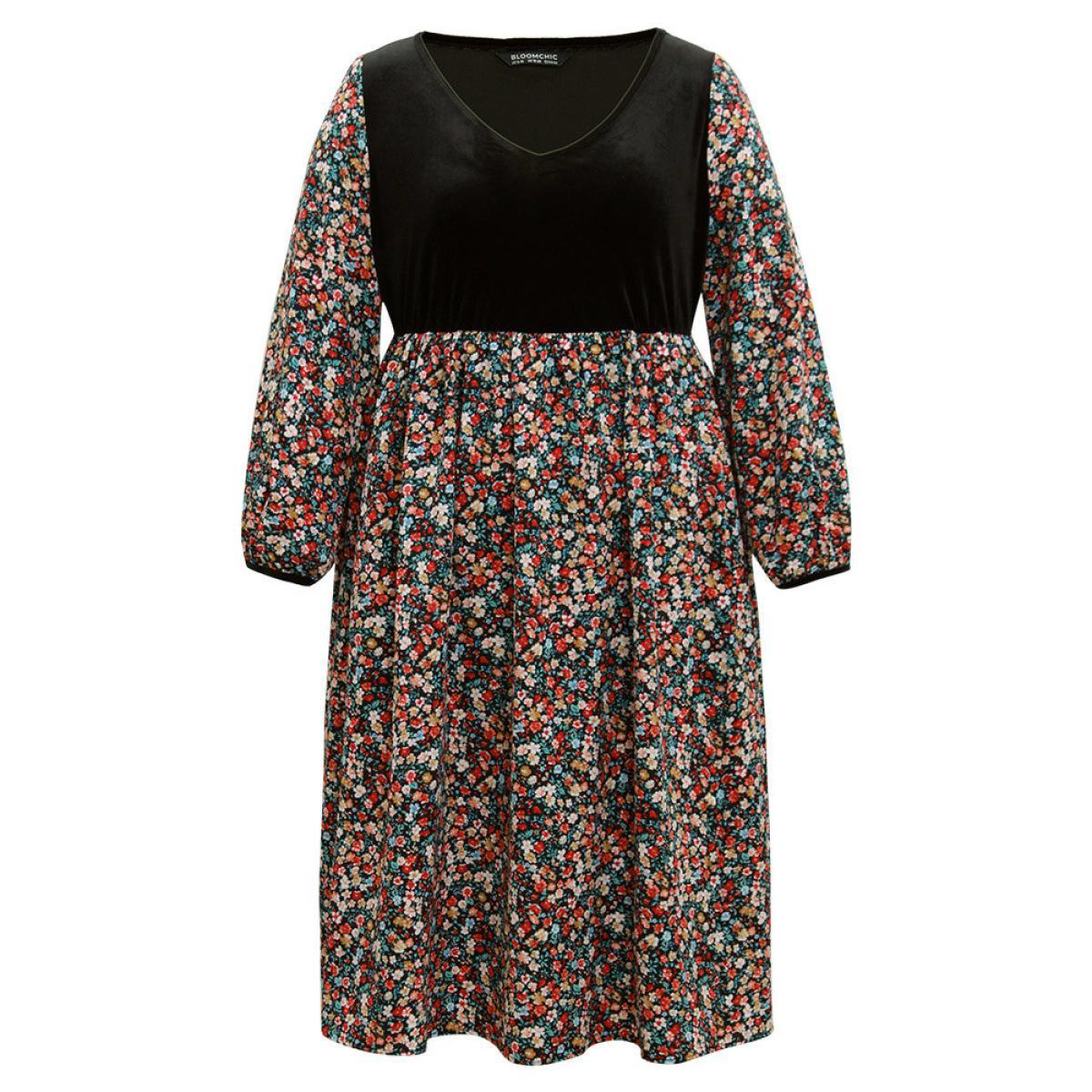 Plus Size Ditsy Floral Velvet Patchwork Lantern Sleeve Dress Multicolor Women Vacation Elastic cuffs V-neck Long Sleeve Curvy Midi Dress BloomChic 10/M Product Image