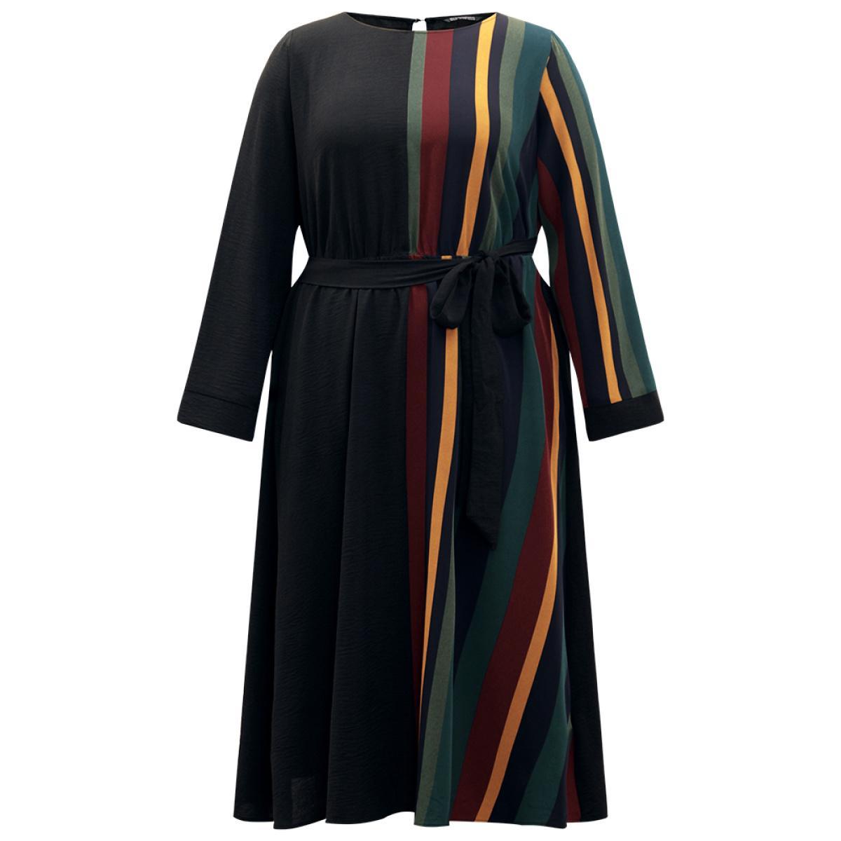 Plus Size Striped Pocket Patchwork Belted Elastic Waist Dress Black Women Office Belted Round Neck Long Sleeve Curvy Midi Dress BloomChic 28/5X Product Image