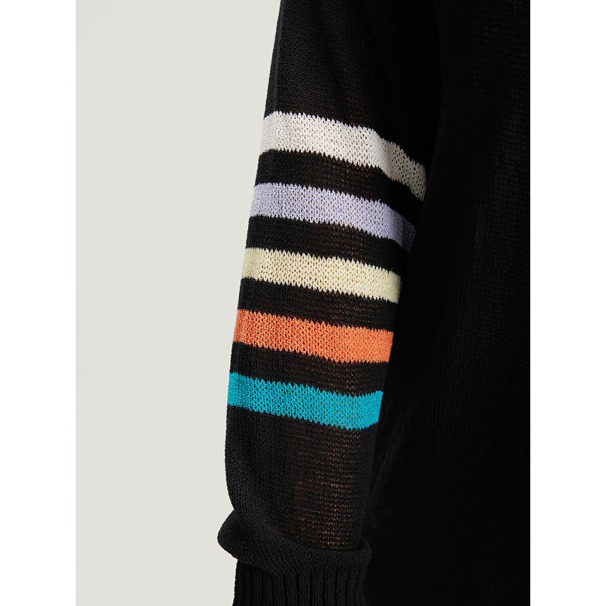 Plus Size Rainbow Striped Open Front Drop Shoulder Cardigan Black Women Casual Loose Long Sleeve Dailywear Cardigans BloomChic 10/M Product Image