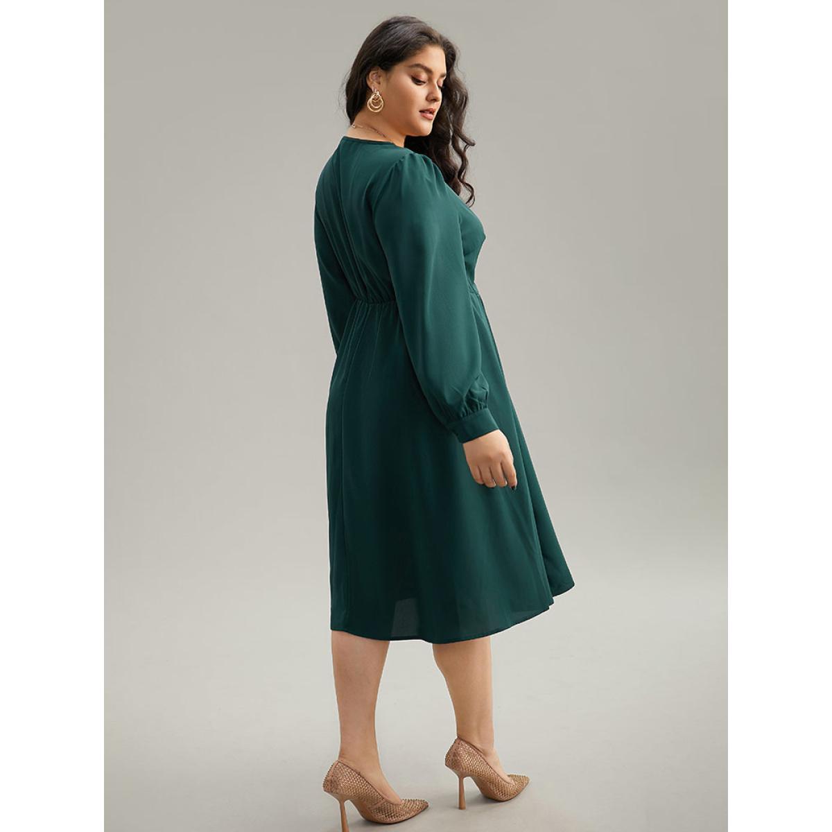 Plus Size Static-Free Plain Pleated Pocket Dress DarkGreen Women Elegant Plain Round Neck Long Sleeve Curvy Midi Dress BloomChic 10/M Product Image