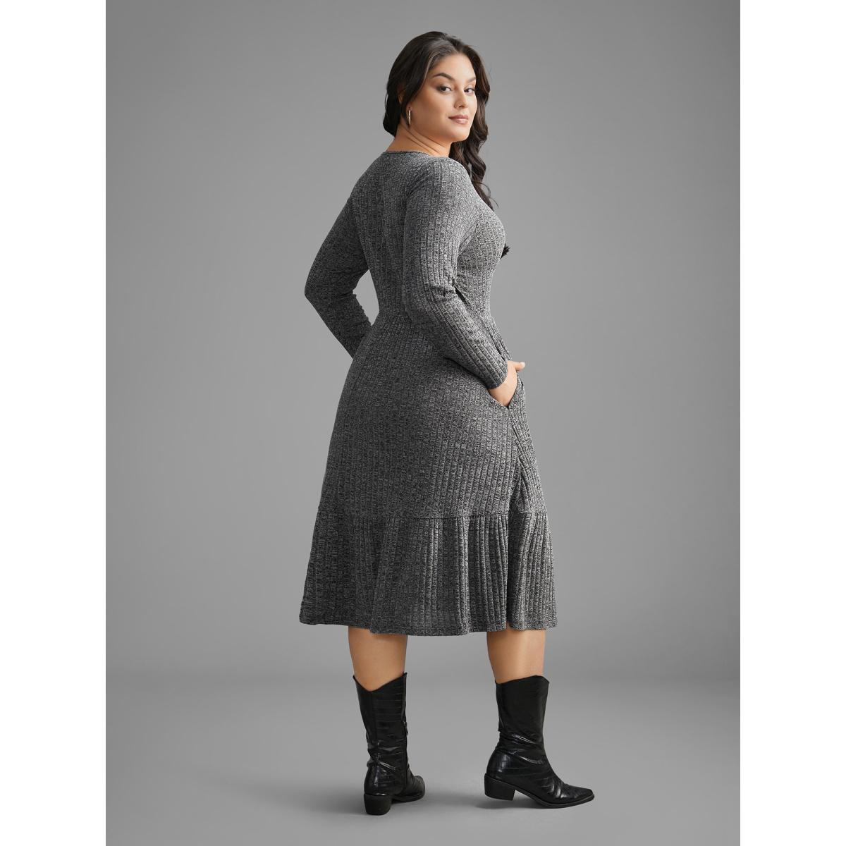 Plus Size Crew Neck Rib Knit Button Detail Dress DimGray Women Casual Texture Knit Dresses Bloomchic 14-16/1X Product Image