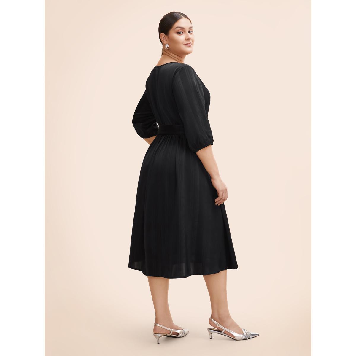 Plus Size Texture Lantern Sleeve Belted Midi Dress Black Women Workwear Essentials Texture V-neck Elbow-length sleeve Curvy BloomChic 18-20/2X Product Image
