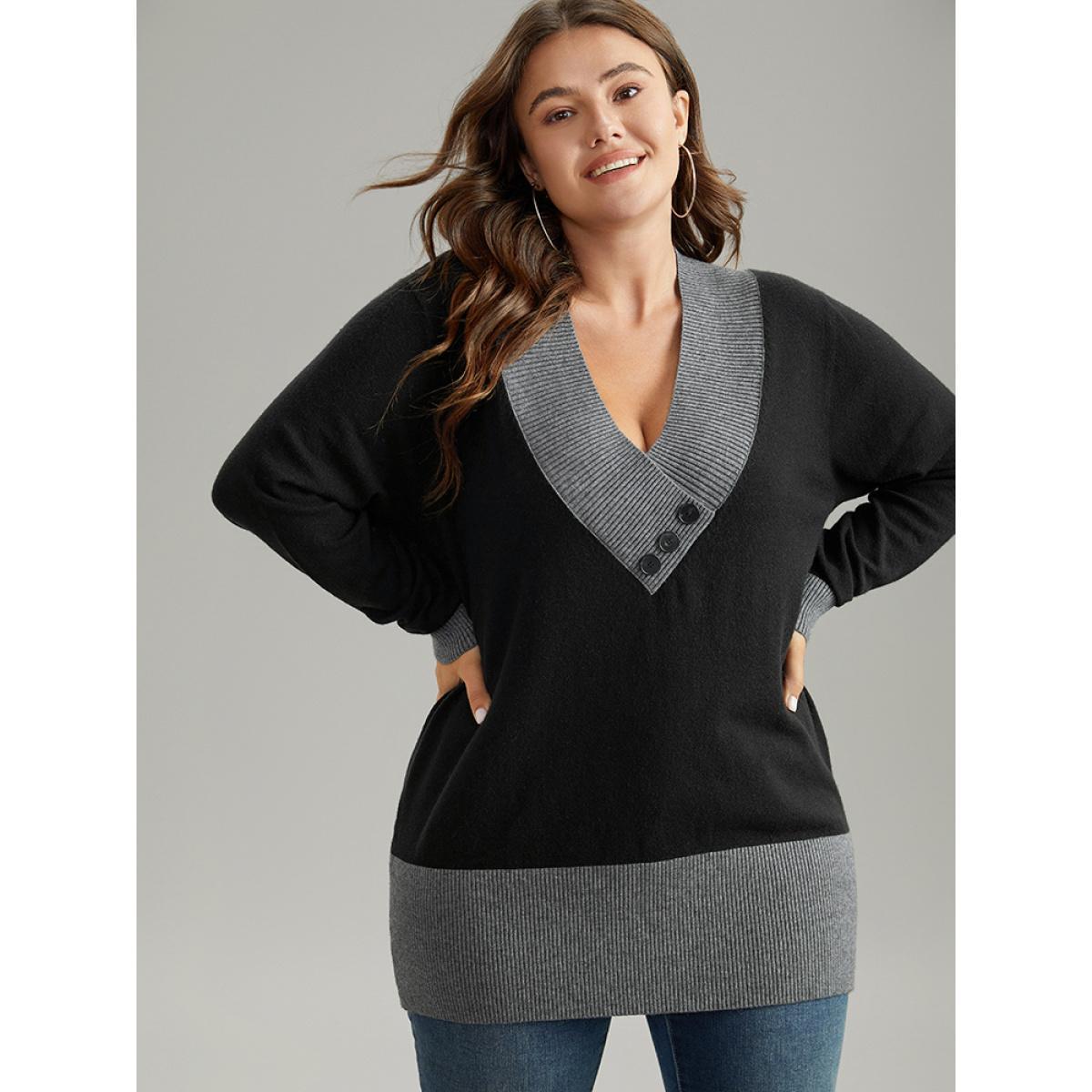 Plus Size Supersoft Essentials Contrast Deep V Neck Button Detail Pullover Black Women Casual Long Sleeve Deep V-neck Everyday Pullovers BloomChic 28/5X Product Image