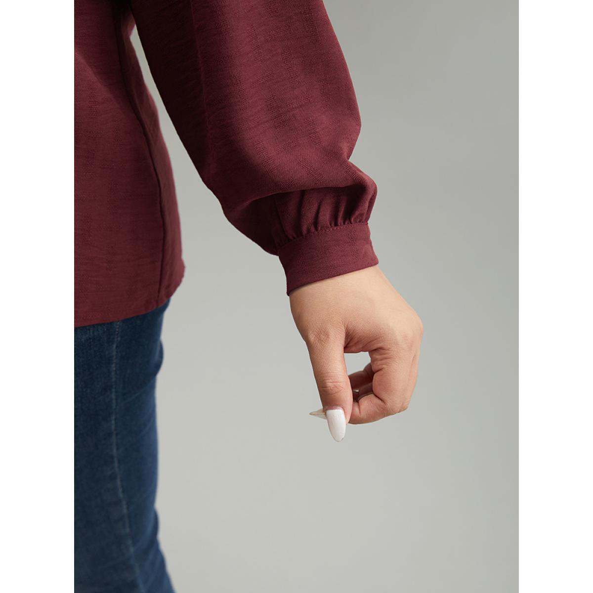 Plus Size Scarlet Stand Collar Solid Gathered Frill Trim Blouse Women Elegant Long Sleeve Stand-up collar Dailywear Blouses BloomChic 22-24/3X Product Image