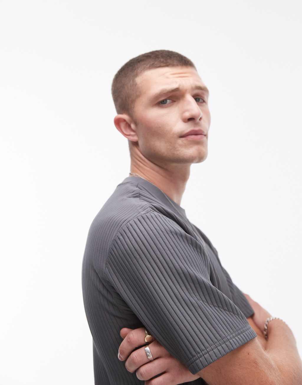 Topman oversized fit plisse T-shirt in charcoal Product Image