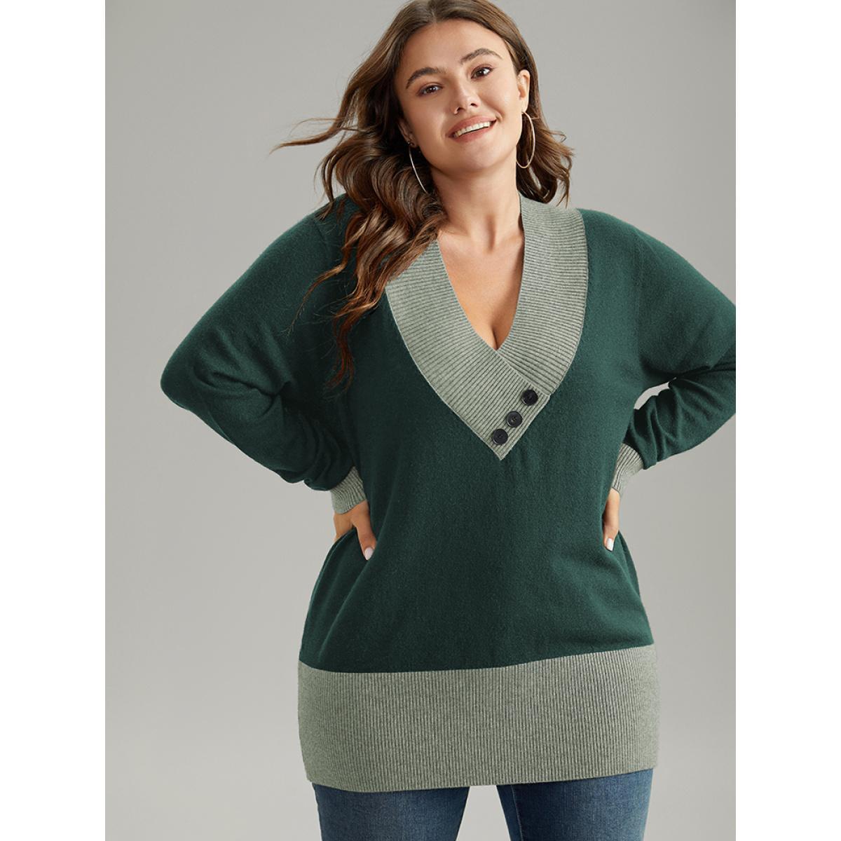 Plus Size Supersoft Essentials Contrast Deep V Neck Button Detail Pullover DarkGreen Women Casual Long Sleeve Deep V-neck Everyday Pullovers BloomChic 26/4X Product Image
