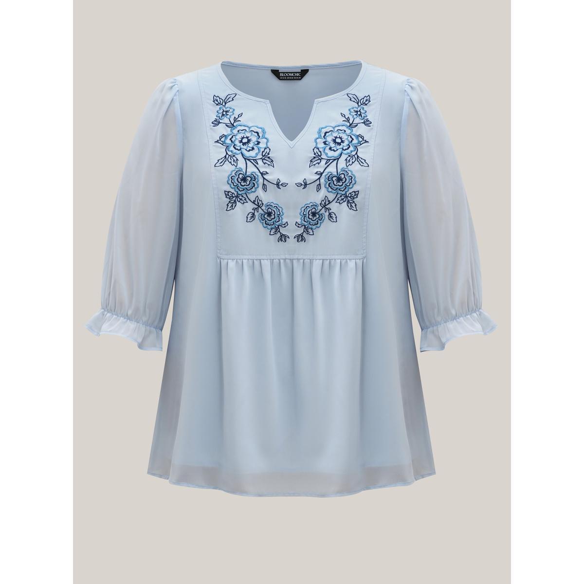 Plus Size LightBlue Chiffon Embroidery Puff Sleeve Pleated Shirt Women Elegant Elbow-length sleeve Notched collar Everyday Blouses BloomChic 26/4X Product Image