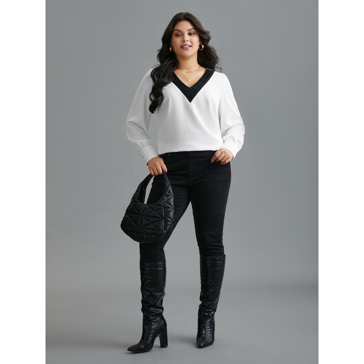 Plus Size WhiteSmoke V-Neck Patchwork Contrast Blouse Women At the Office Long Sleeve V-neck Work Blouses BloomChic 28/5X Product Image
