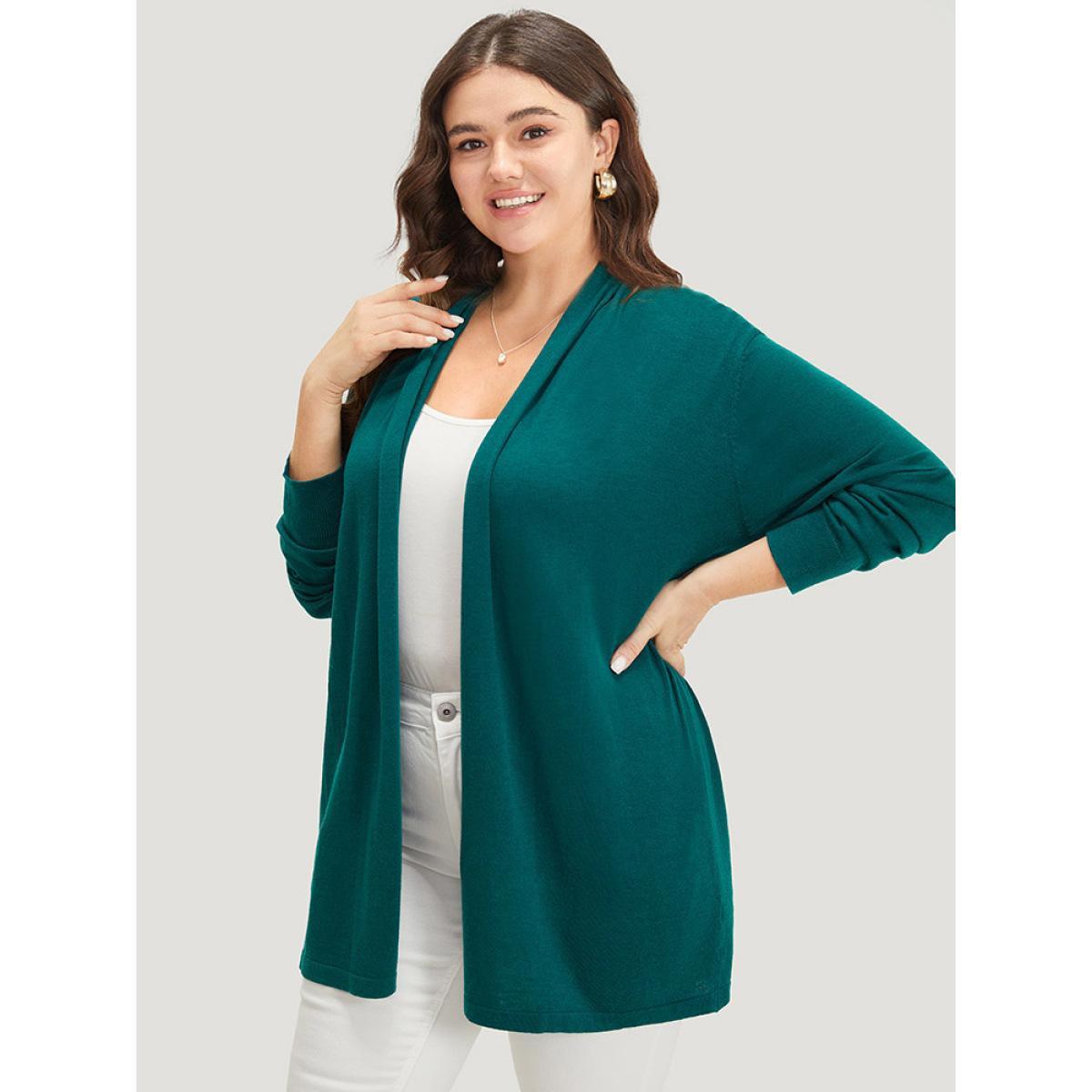 Plus Size Supersoft Essentials Plain Open Front Elastic Cuffs Cardigan Cyan Women Casual Long Sleeve Everyday Cardigans BloomChic 22-24/3X Product Image