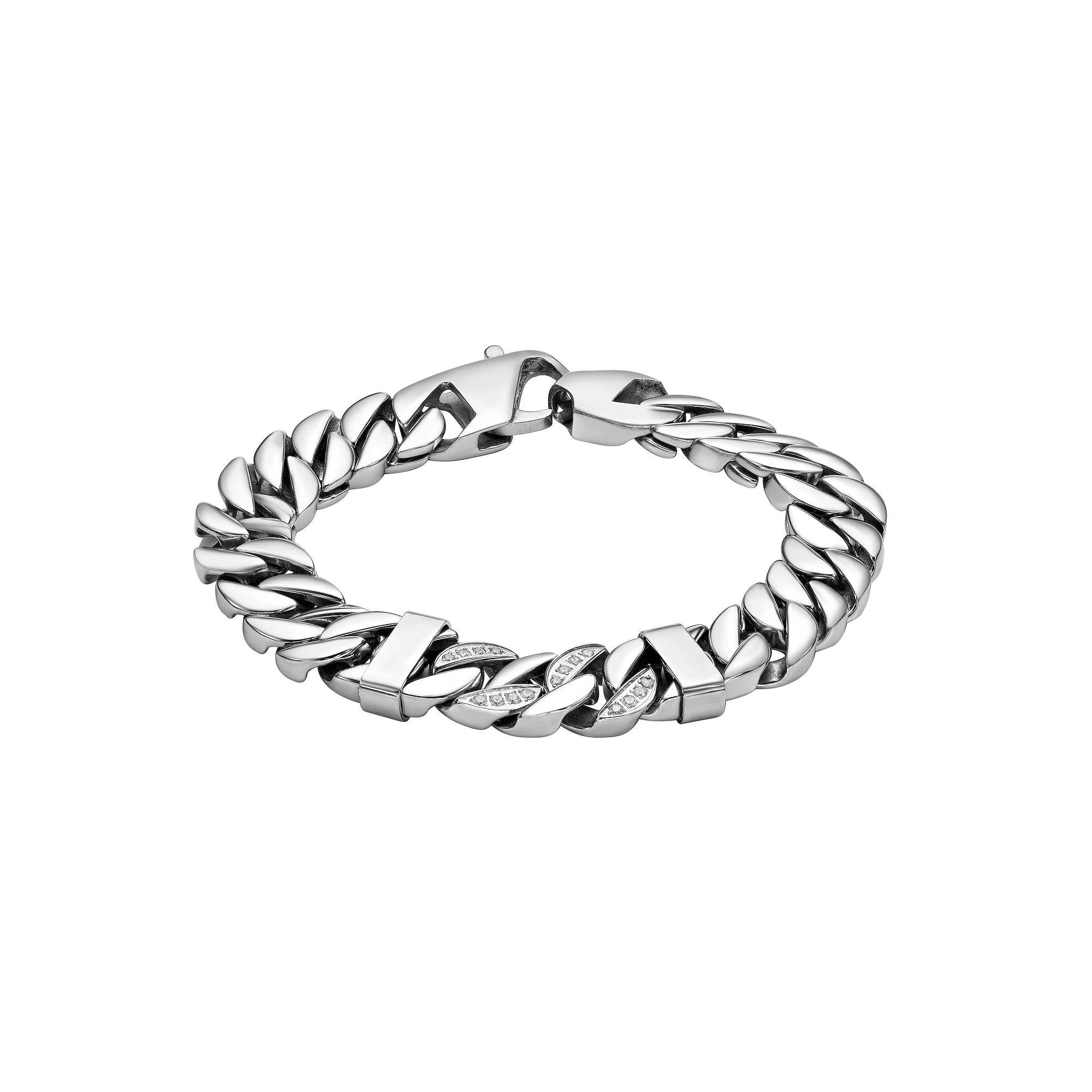 LYNX Men's Stainless Steel Curb Chain Bracelet with Cubic Zirconia Accents, Size: 8.5" Product Image