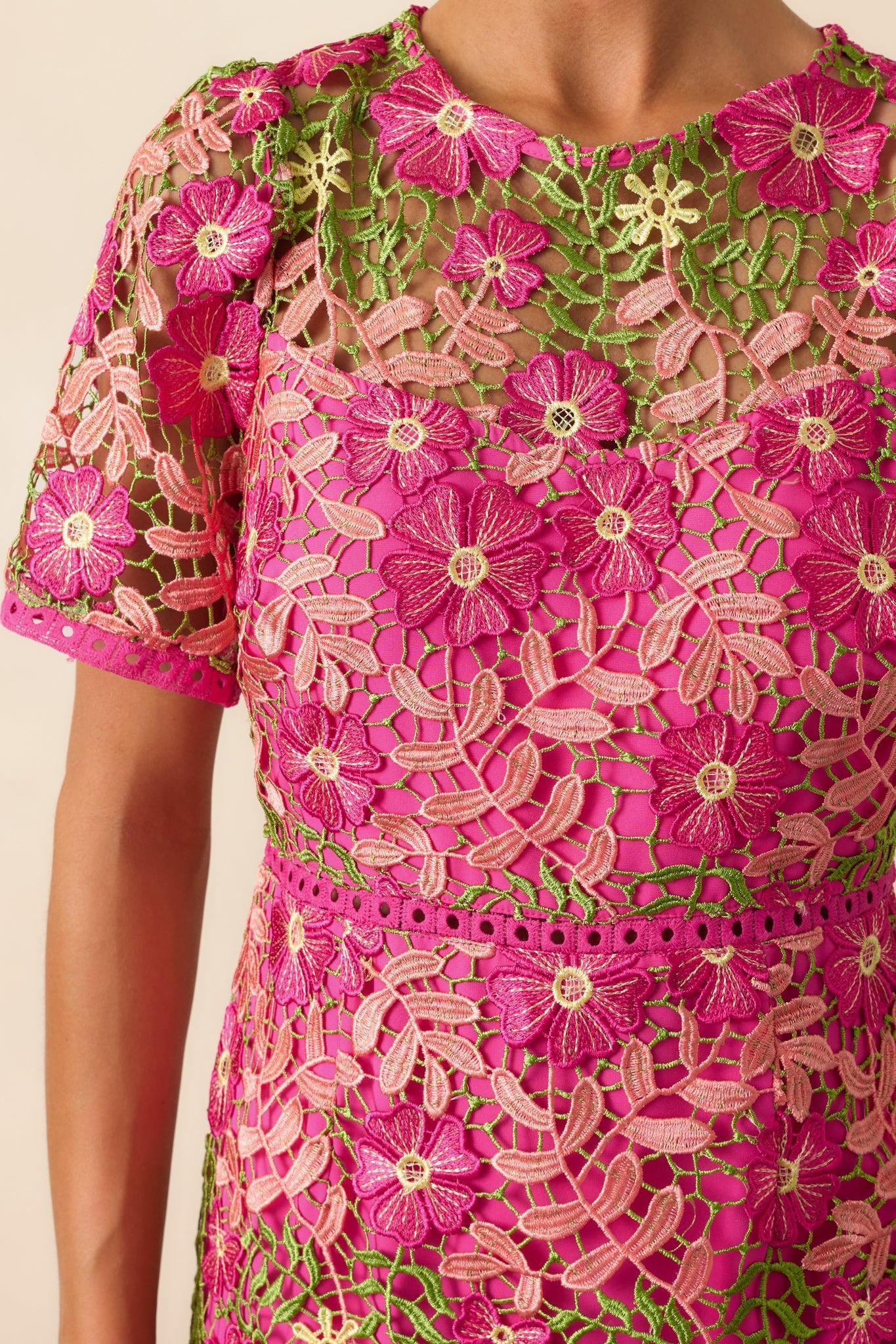 A Work Of Art Magenta Pink Floral Embroidered Mini Dress Product Image