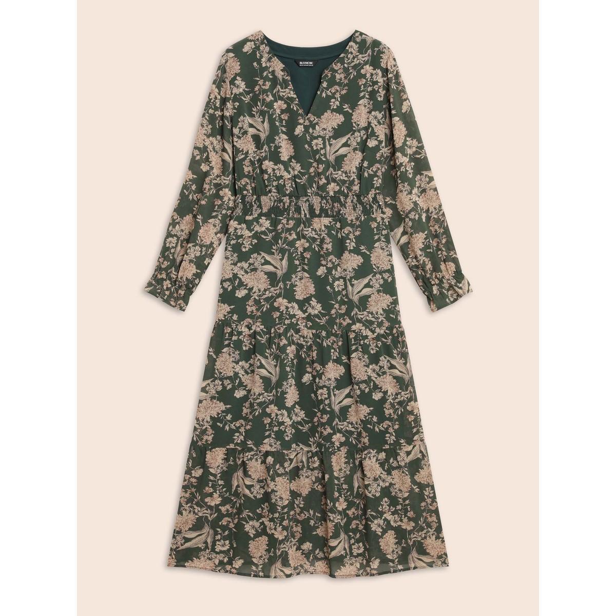 Plus Size Floral Shirred Ruffles See Through Dress ArmyGreen Women Elegant See through Flat collar with V-notch Long Sleeve Curvy BloomChic 26/4X Product Image