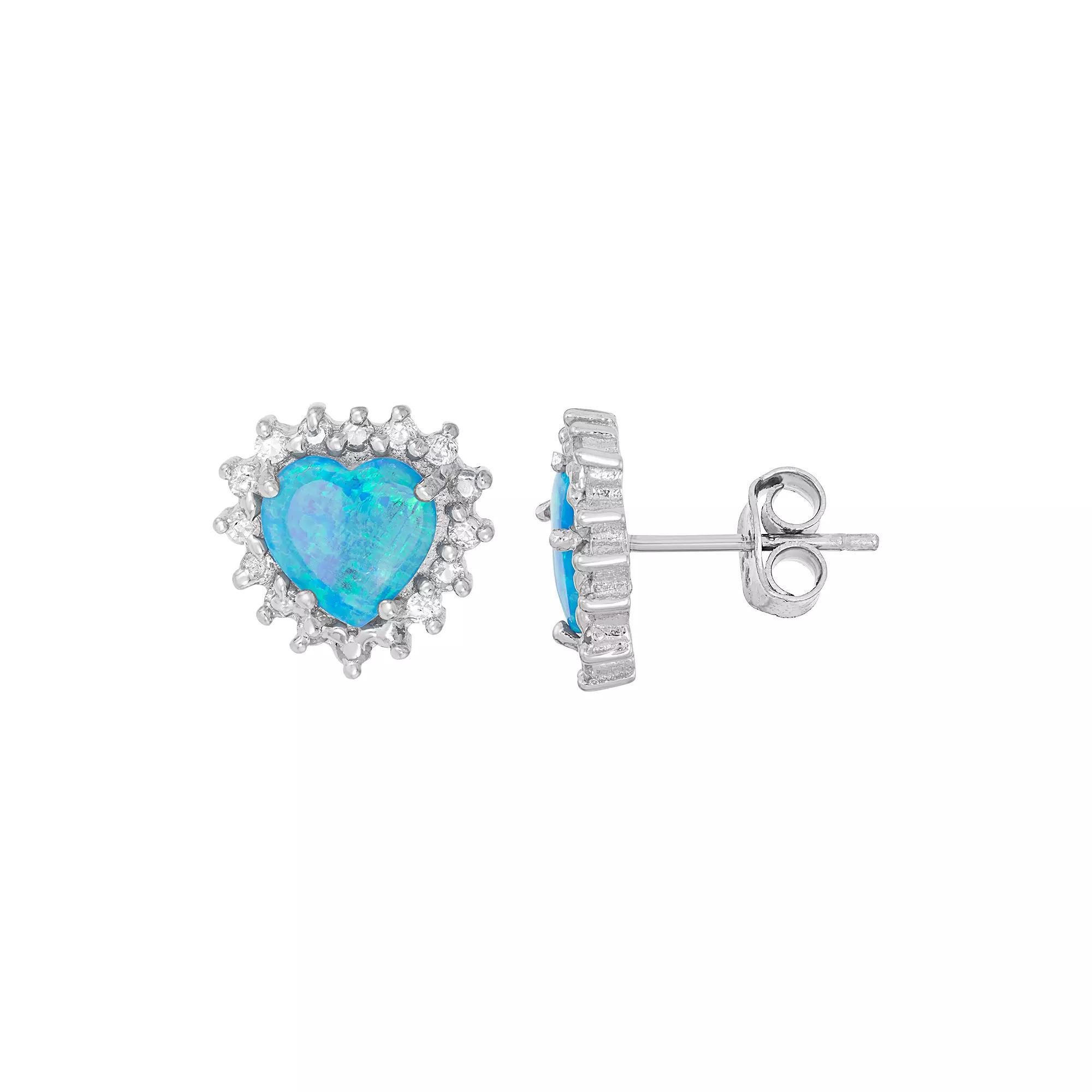Lab-Created Blue Opal & Cubic Zirconia Sterling Silver Heart Halo Stud Earrings, Women's Product Image