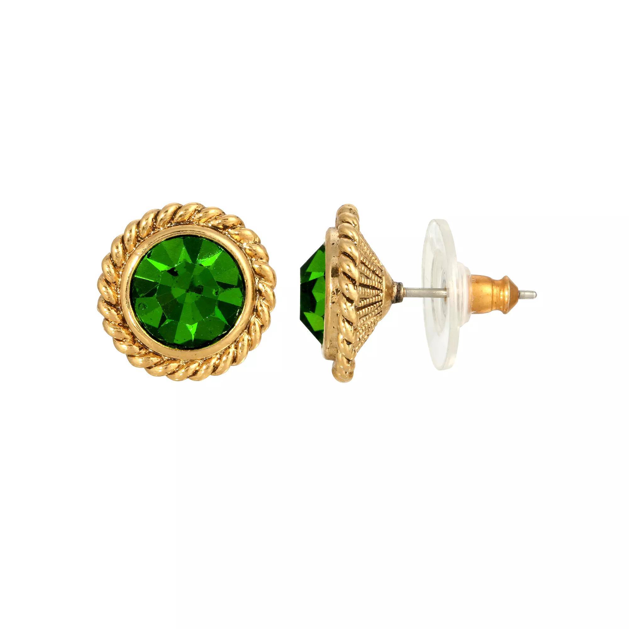 1928 Gold Tone & Green Round Button Stud Earrings, Womens Product Image