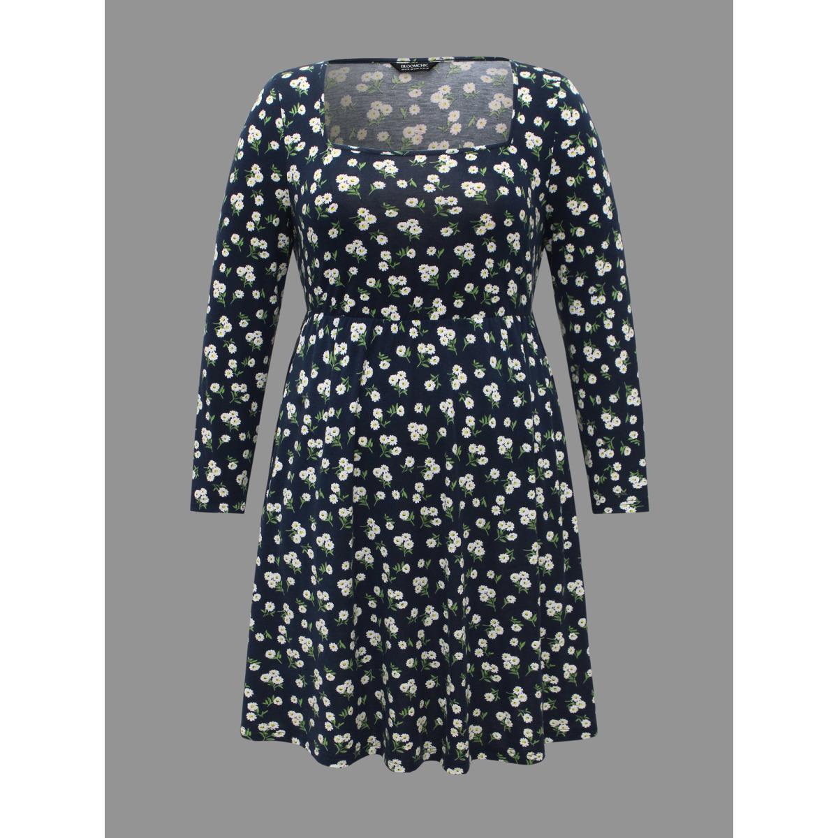 Plus Size Ditsy Floral Square Neck Pocket Dress Indigo Women Casual Non Knit Dresses Bloomchic 12/L Product Image