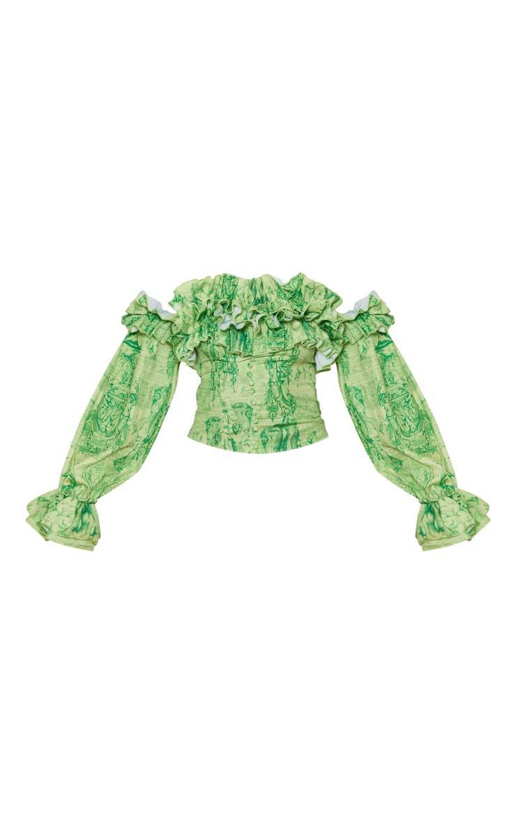 Lime Renaissance Print Ruffle Hem Off Shoulder Long Sleeve Blouse Product Image