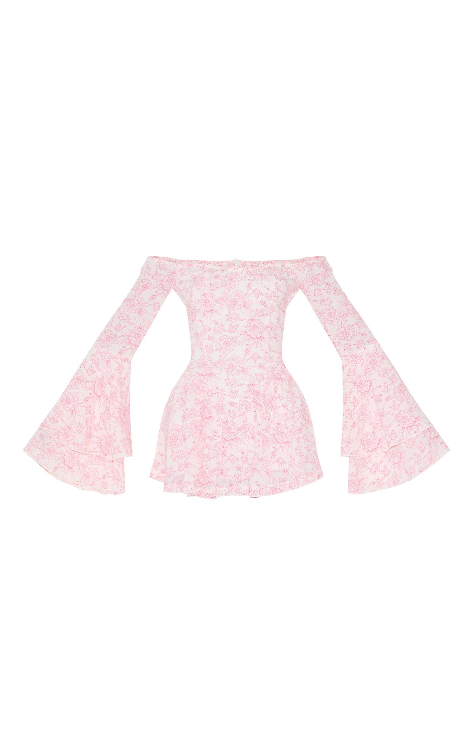 Pink Ditsy Print Bardot Flare Sleeve Romper Product Image