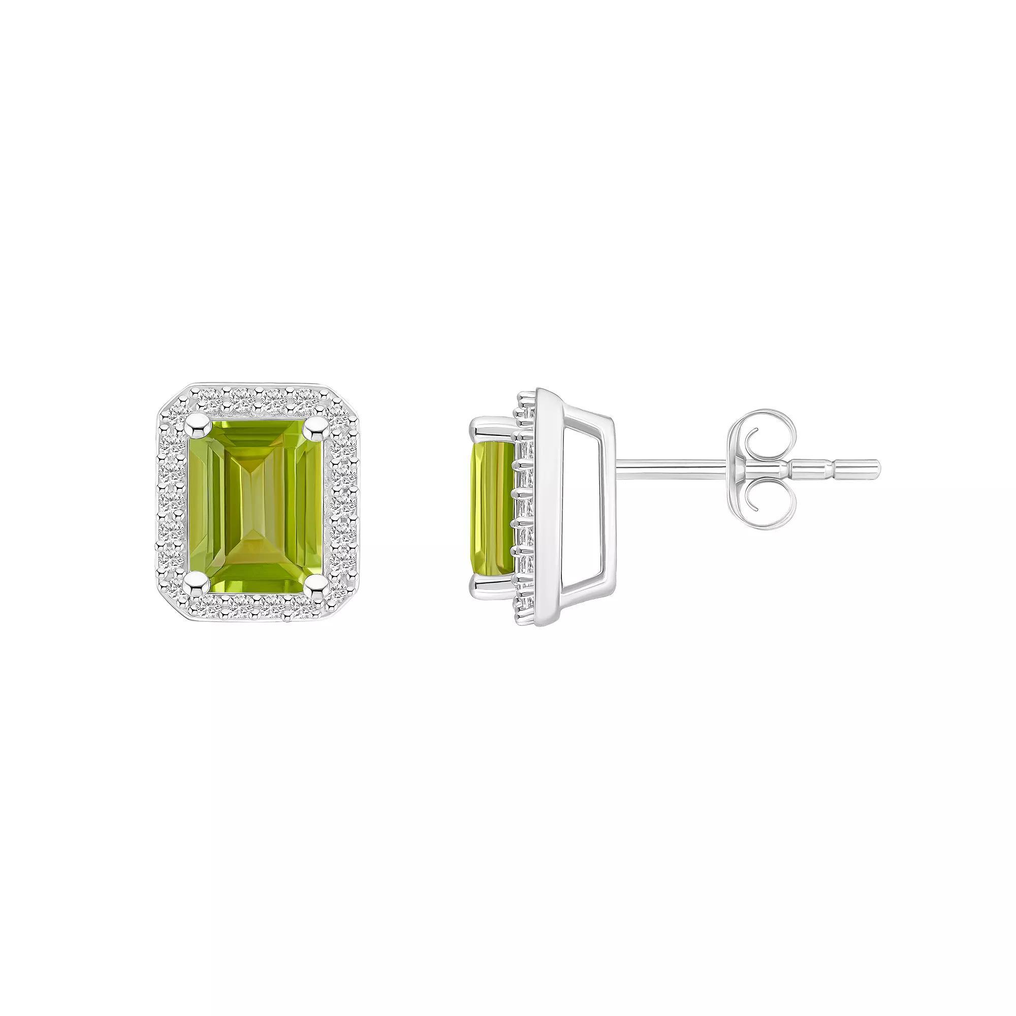 Celebration Gems 10k White Gold Emerald Cut Gemstone & Lab-Created White Sapphire Halo Stud Earrings, Women's, Peridot Product Image