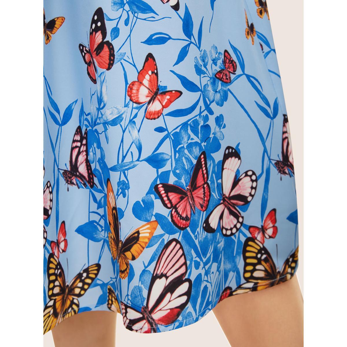 Plus Size Butterfly Print Wrap Gathered Tank Dress LightBlue Women Elegant Gathered Overlap Collar Sleeveless Curvy BloomChic 18-20/2X Product Image