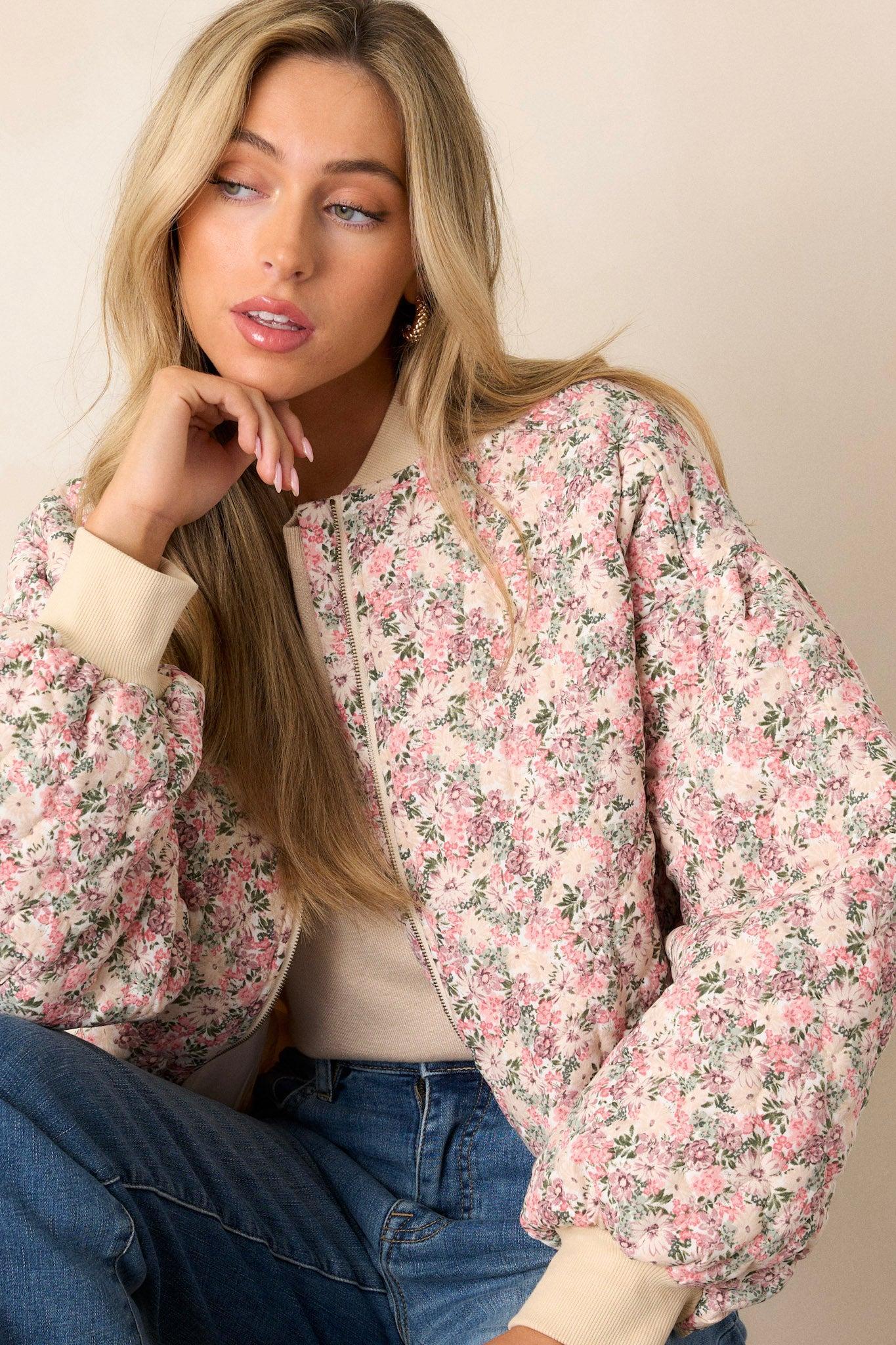 Gentle Hues Pink Floral Quilted Bomber Jacket Product Image
