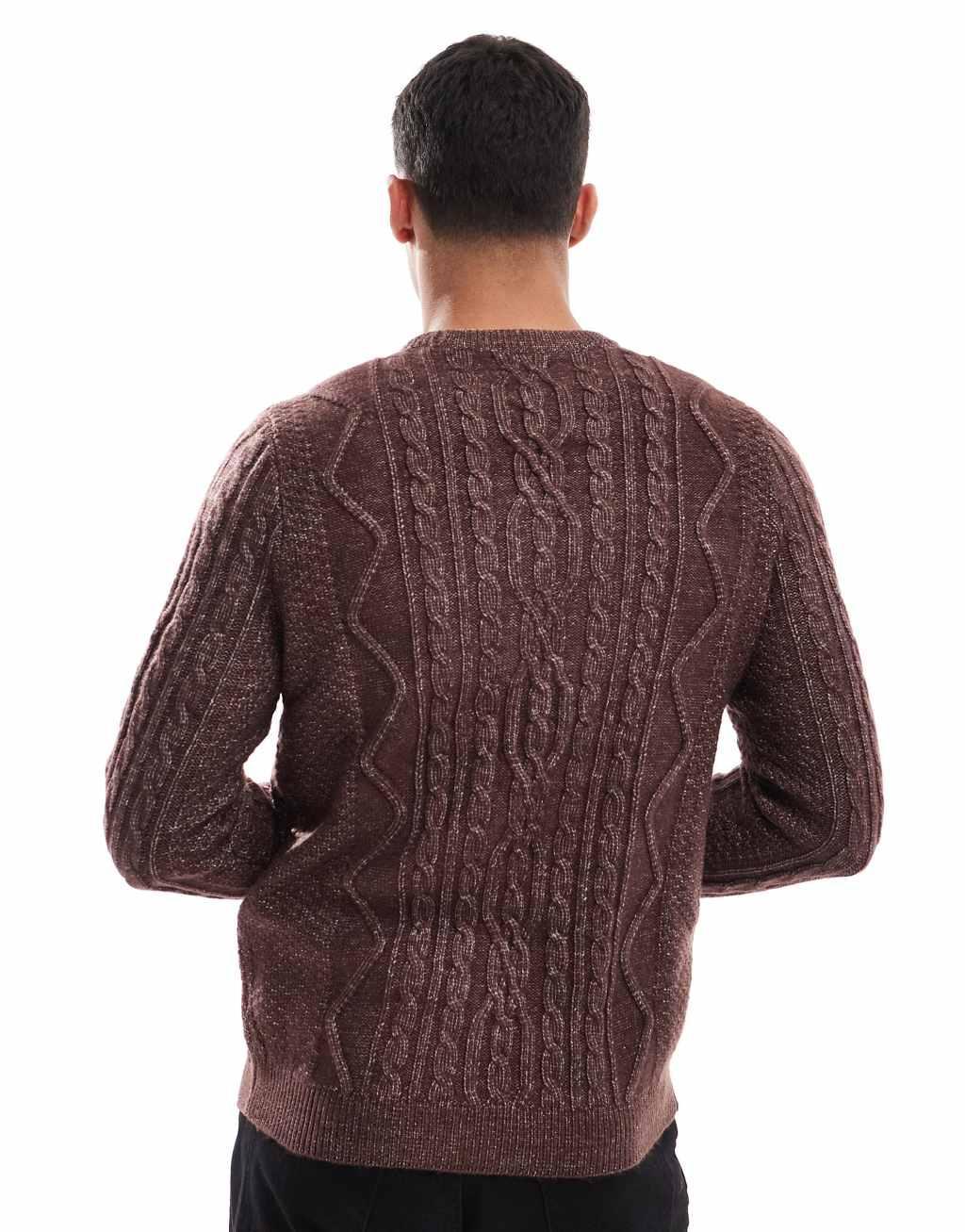ASOS DESIGN heavyweight cable knit crew neck sweater in chocolate brown Product Image