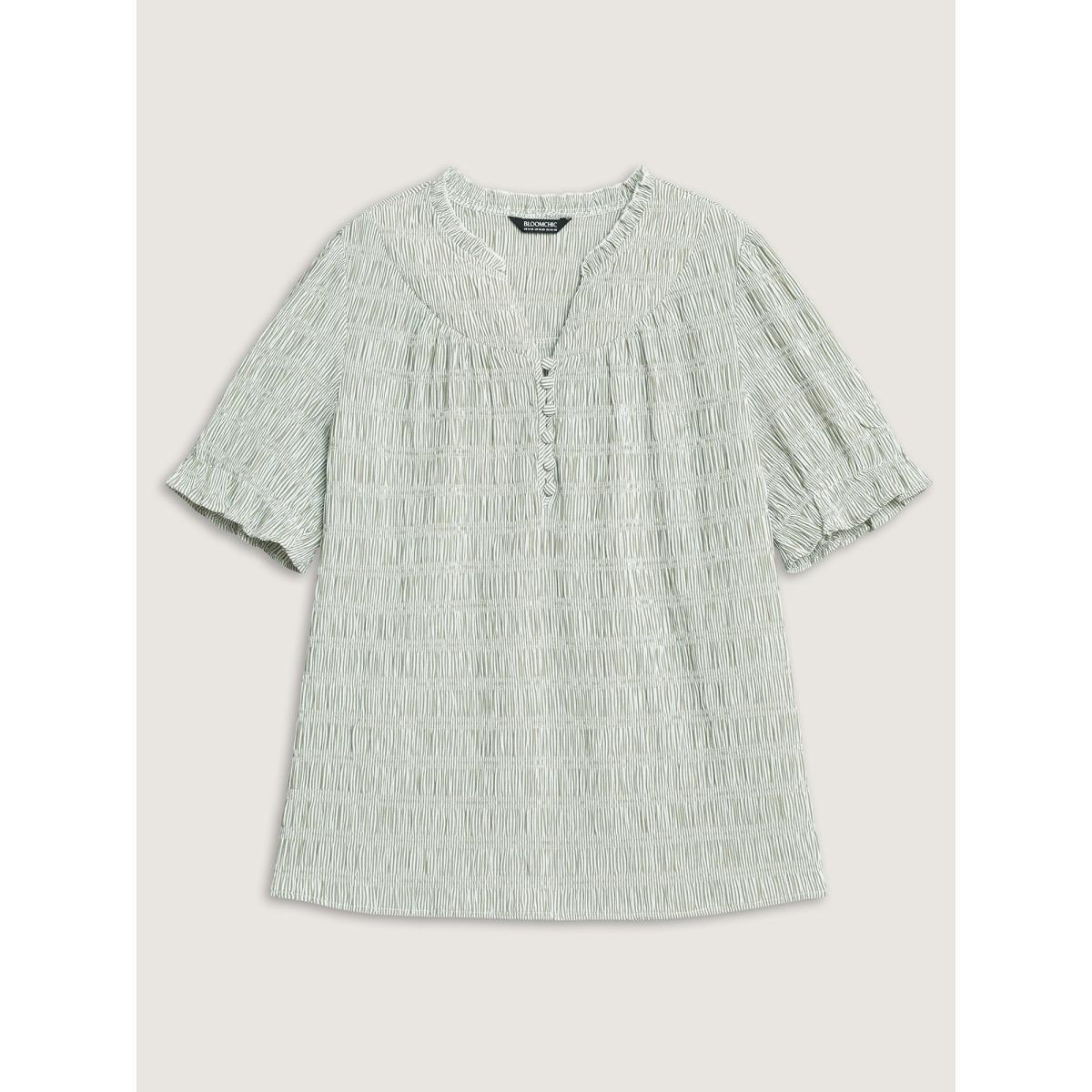 Plus Size Greenbean Cotton Half-Open Striped Solid Blouse Women Short sleeve Flat collar with V-notch Work Blouses BloomChic 30/6X Product Image