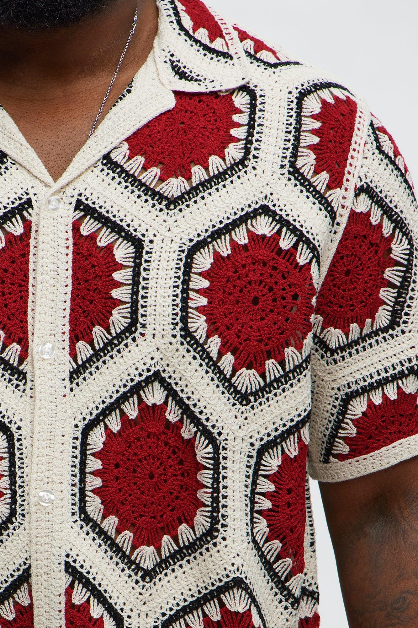 Vacay Vibes Crochet Button Up Shirt - Red/combo Male Product Image