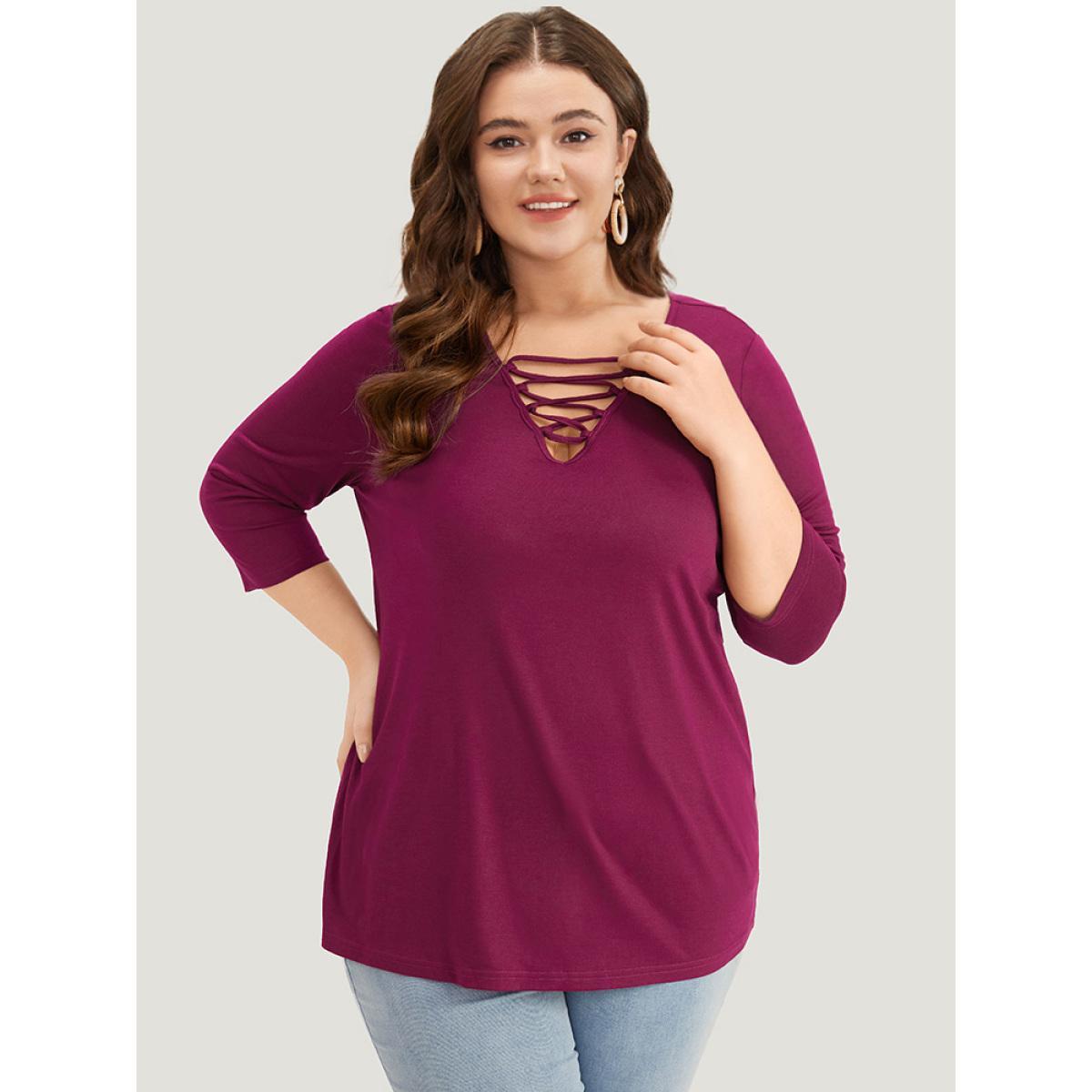 Plus Size Solid Crisscross Three Quater Length Sleeve Deep V Neck T-shirt Burgundy Women Casual Plain Plain Deep V-neck Dailywear T-shirts BloomChic 26/4X Product Image