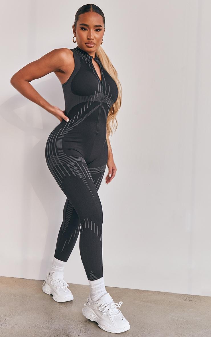 Shape Black Branded Contour Detail Zip Sports Jumpsuit Product Image