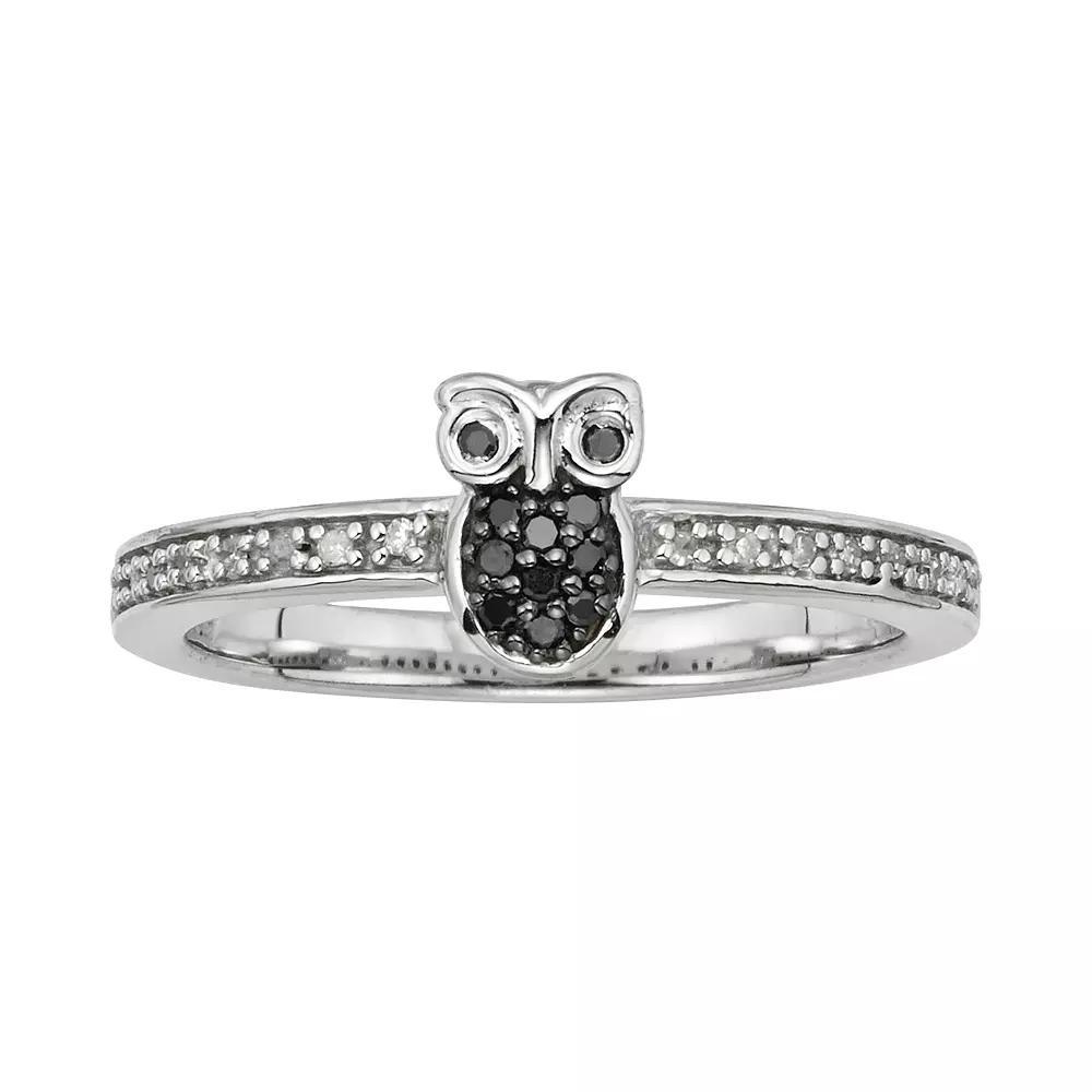 Jewelexcess Sterling Silver 1/10-ct. T.W. Black and White Diamond Owl Ring, Women's, Size: 6 Product Image