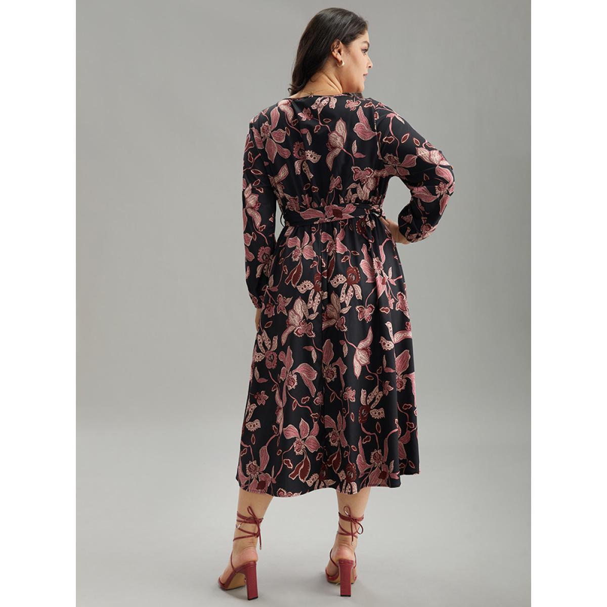 Plus Size Floral Lantern Sleeve Belted Overlap Collar Dress Black Women Elegant Elastic cuffs Overlap Collar Long Sleeve Curvy Midi Dress BloomChic 14-16/1X Product Image