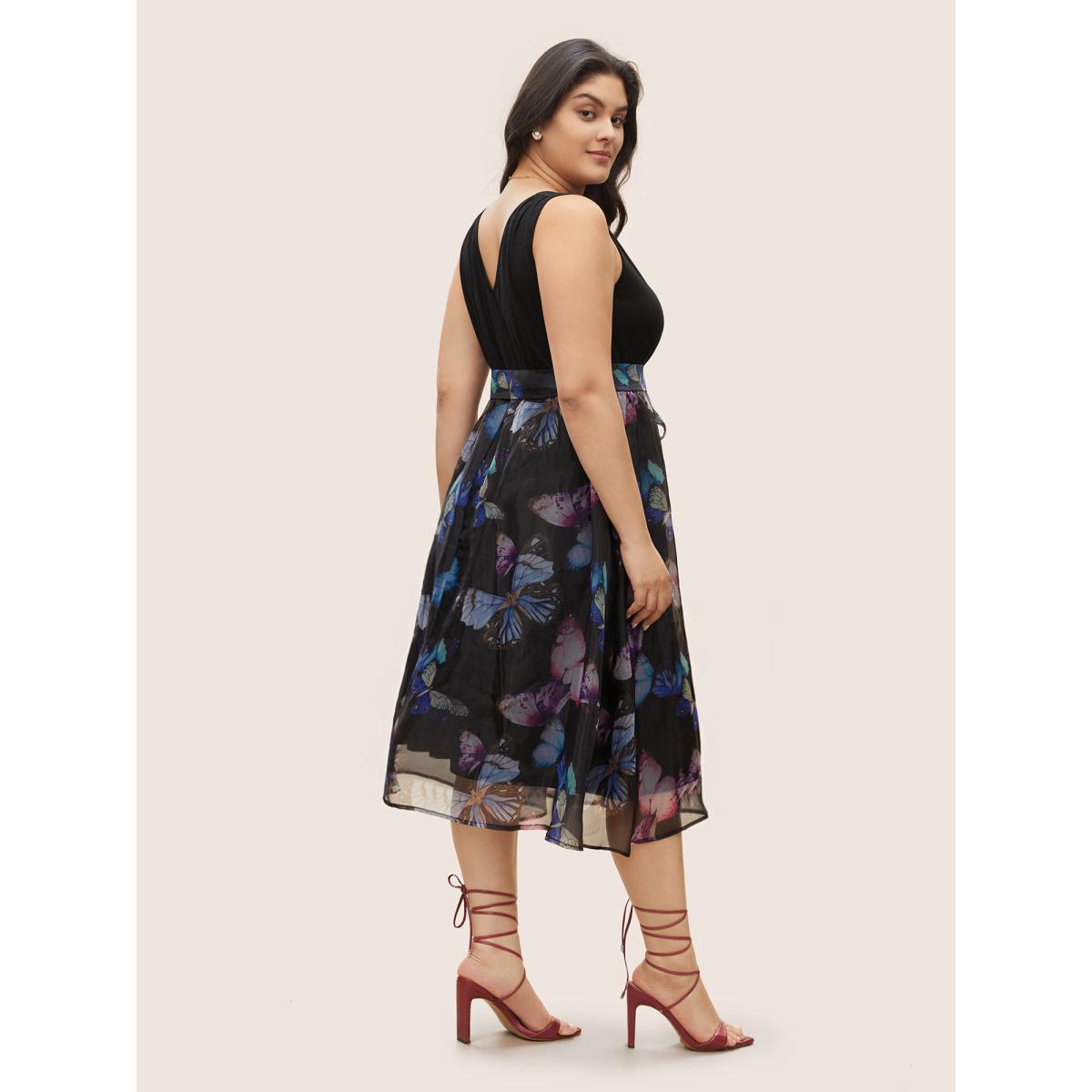 Plus Size Butterfly Mesh Patchwork Wrap Belted Dress Black Women Cocktail Non Overlap Collar Sleeveless Curvy BloomChic 18-20/2X Product Image