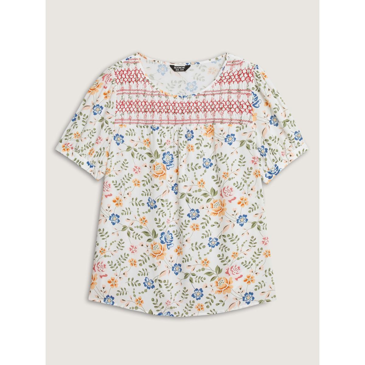 Plus Size Multicolor Floral Print Shirred Neck Blouse Women Short sleeve Round Neck Everyday-Elegant Blouses BloomChic 14-16/1X Product Image