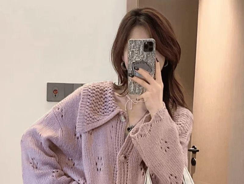 Collar Plain Pointelle Knit Oversized Cardigan Product Image