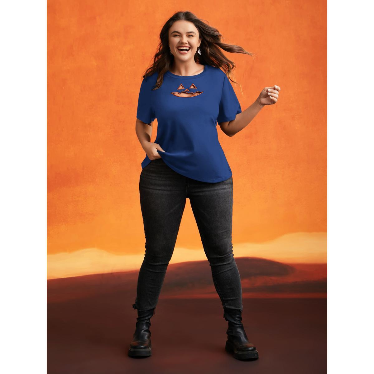 Plus Size Jack-O-Lantern Neck Hollow Embroidered T-shirt RedViolet Women Casual Cut-Out Halloween Round Neck Everyday T-shirts BloomChic 12/L Product Image