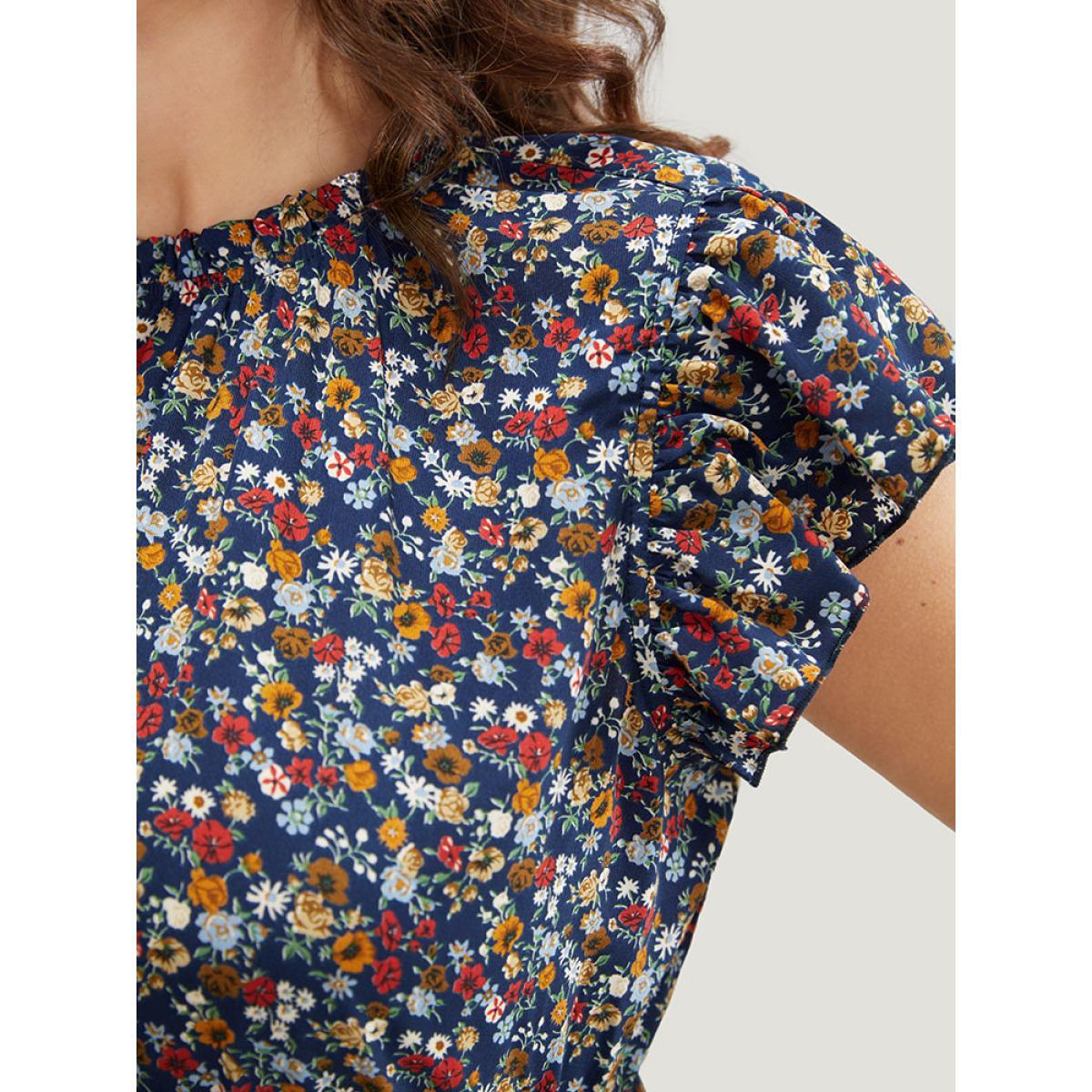 Plus Size Ditsy Floral Ruffle Sleeve Pocket Frill Trim Mock Neck Dress DarkBlue Women Elegant Pocket Mock Neck Half Sleeve Curvy Midi Dress BloomChic 22-24/3X Product Image